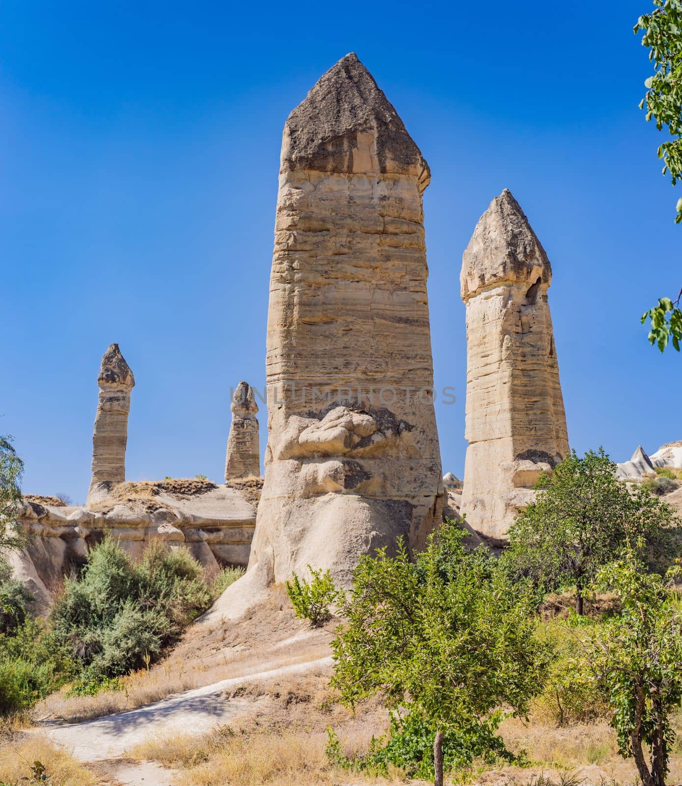 Unique geological formations in Love Valley in Cappadocia, popular travel destination in Turkey by galitskaya