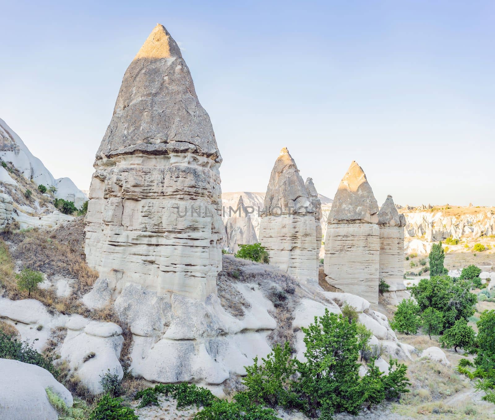 Unique geological formations in Love Valley in Cappadocia, popular travel destination in Turkey by galitskaya