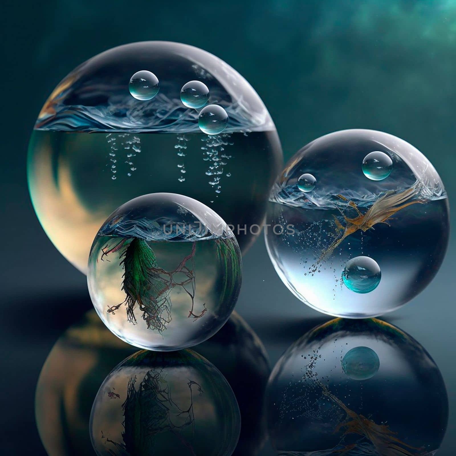Transparent water spheres against a stunning backdrop of mountains and water. Reflection of the landscape and elements inside the spheres. High quality illustration
