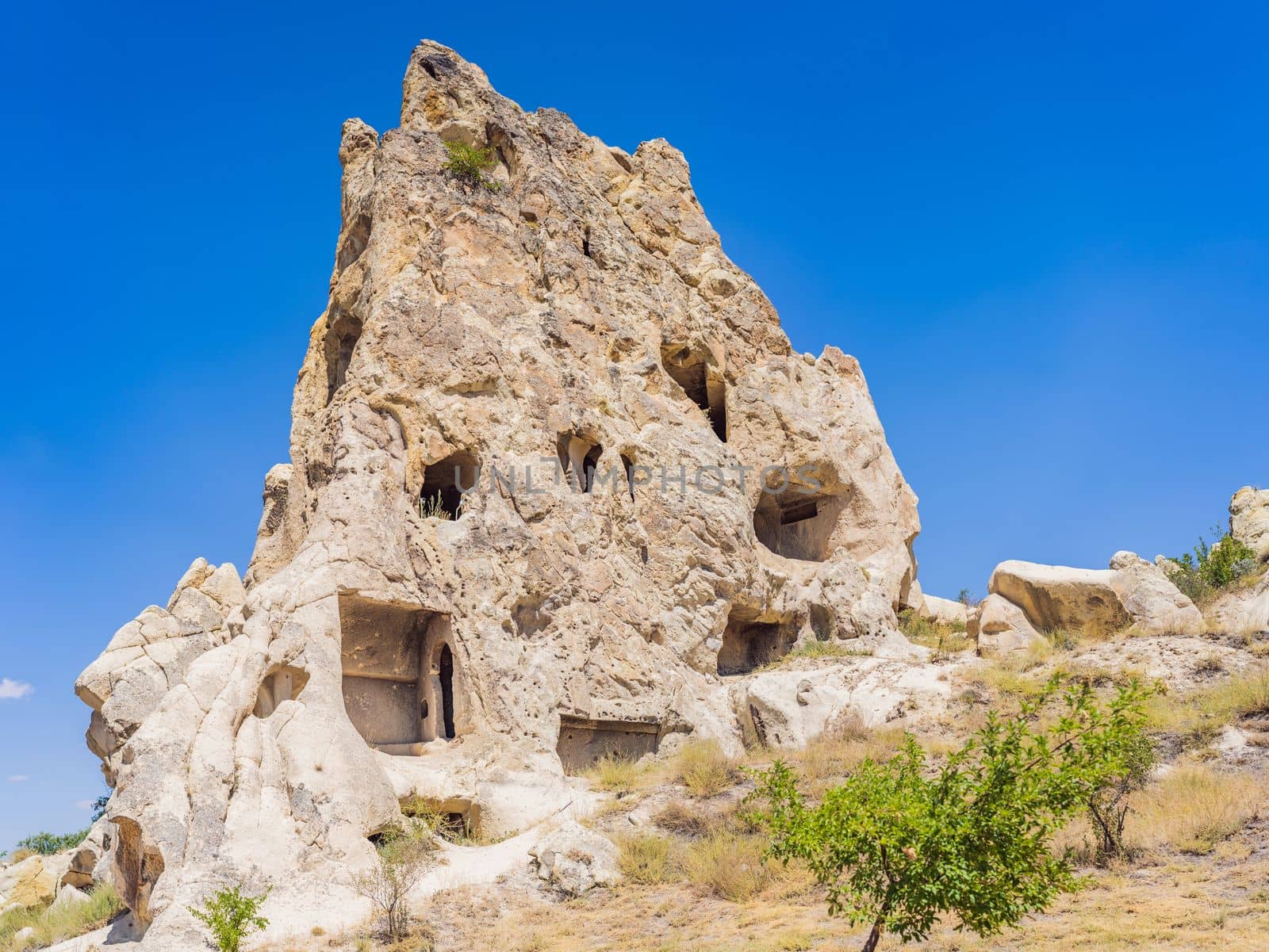 Beautiful stunning view of the mountains of Cappadocia and cave houses. Turkey.