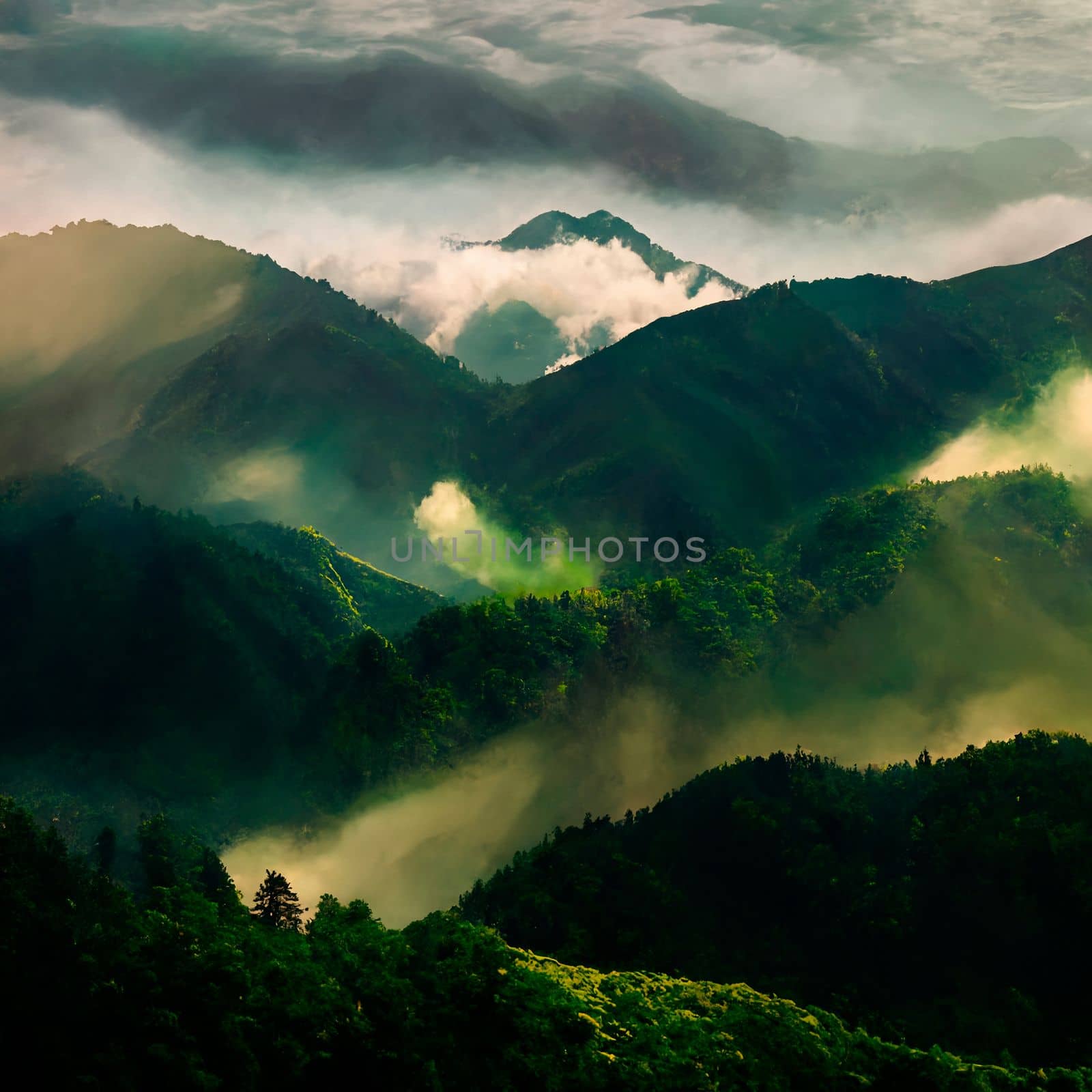 Green mountain range. Landscape of misty mountains. High quality illustration