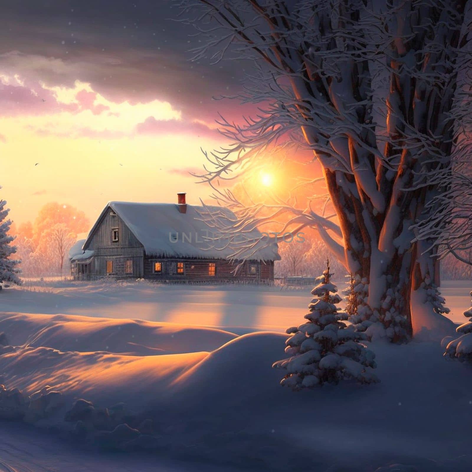 A cold winter morning in the village. High quality illustration