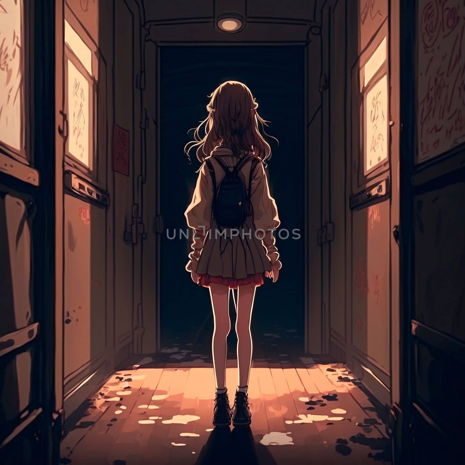 A girl in a gloomy corridor. High quality illustration