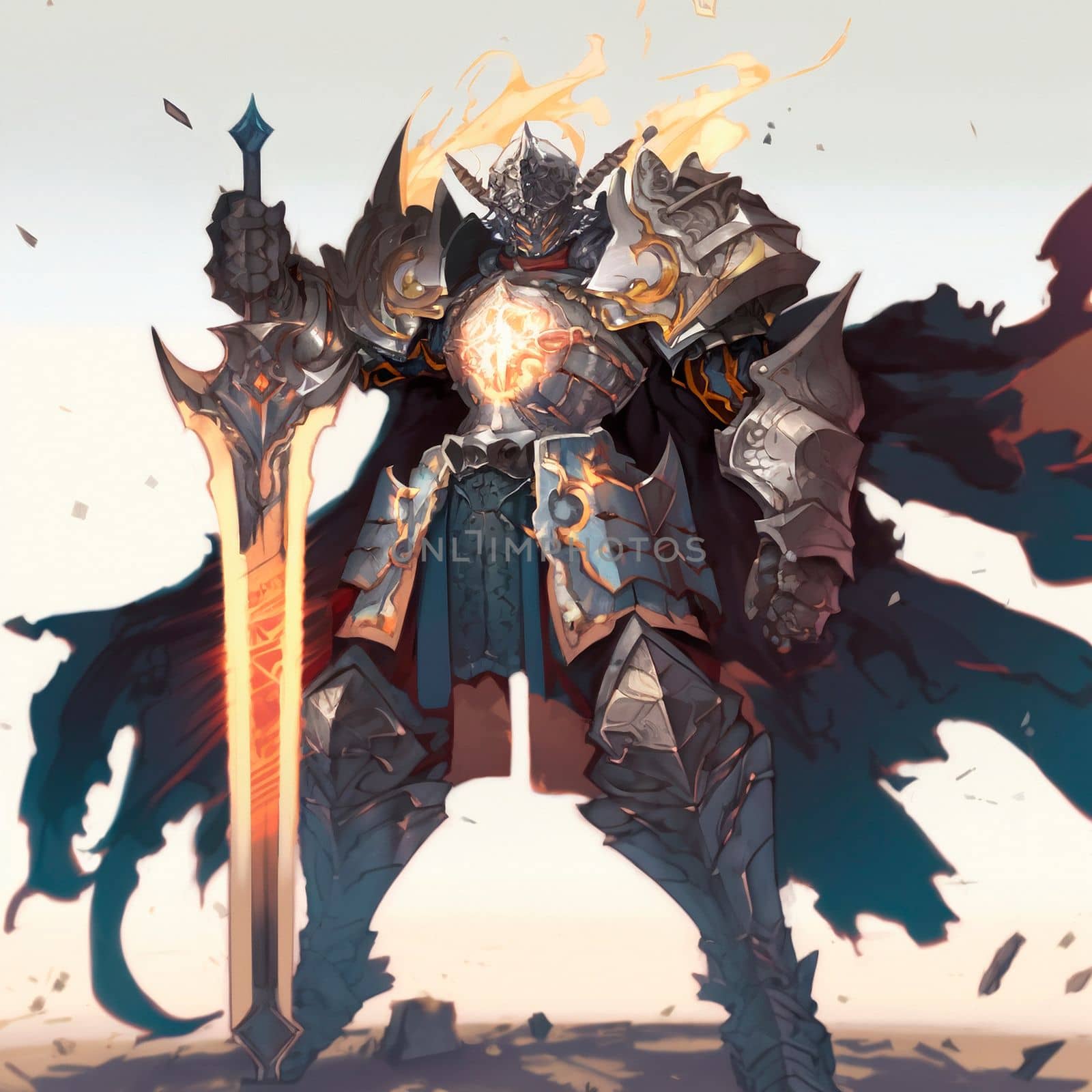 A stern knight in heavy armor in the style of fantasy. High quality illustration