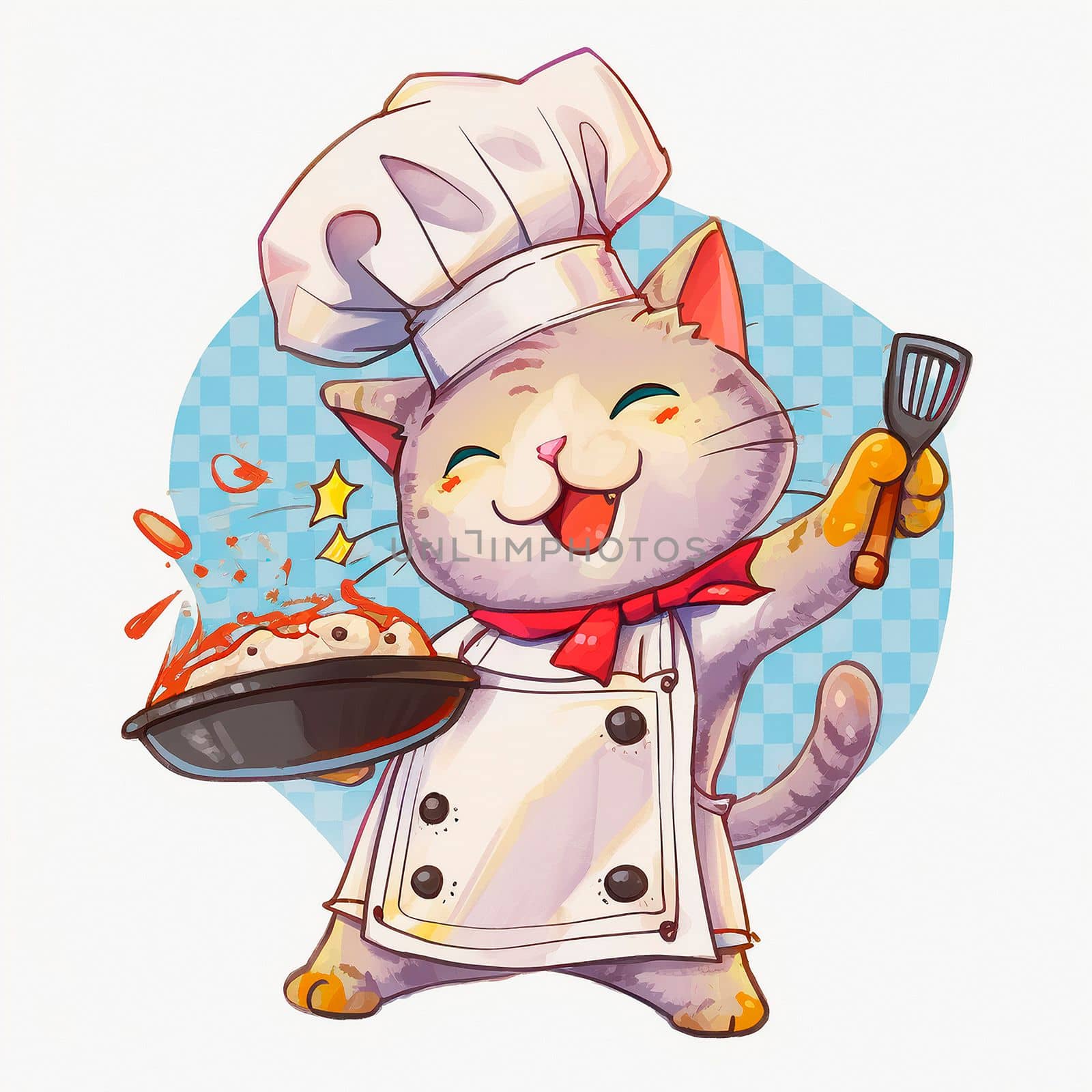 Cartoon image of a cook's cat in a chef's hat, who cooks something in the kitchen, cartoon by NeuroSky
