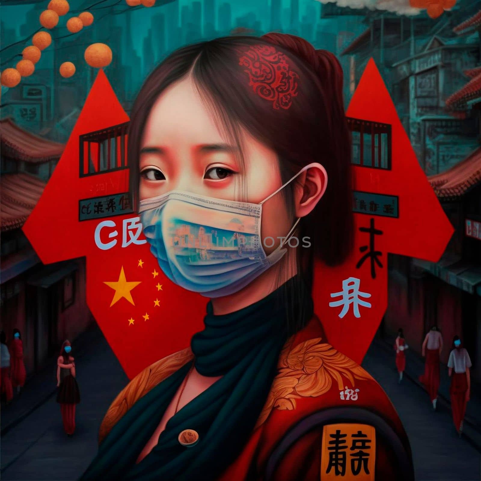 China zero covid policy, masked girl.Poster. High quality illustration