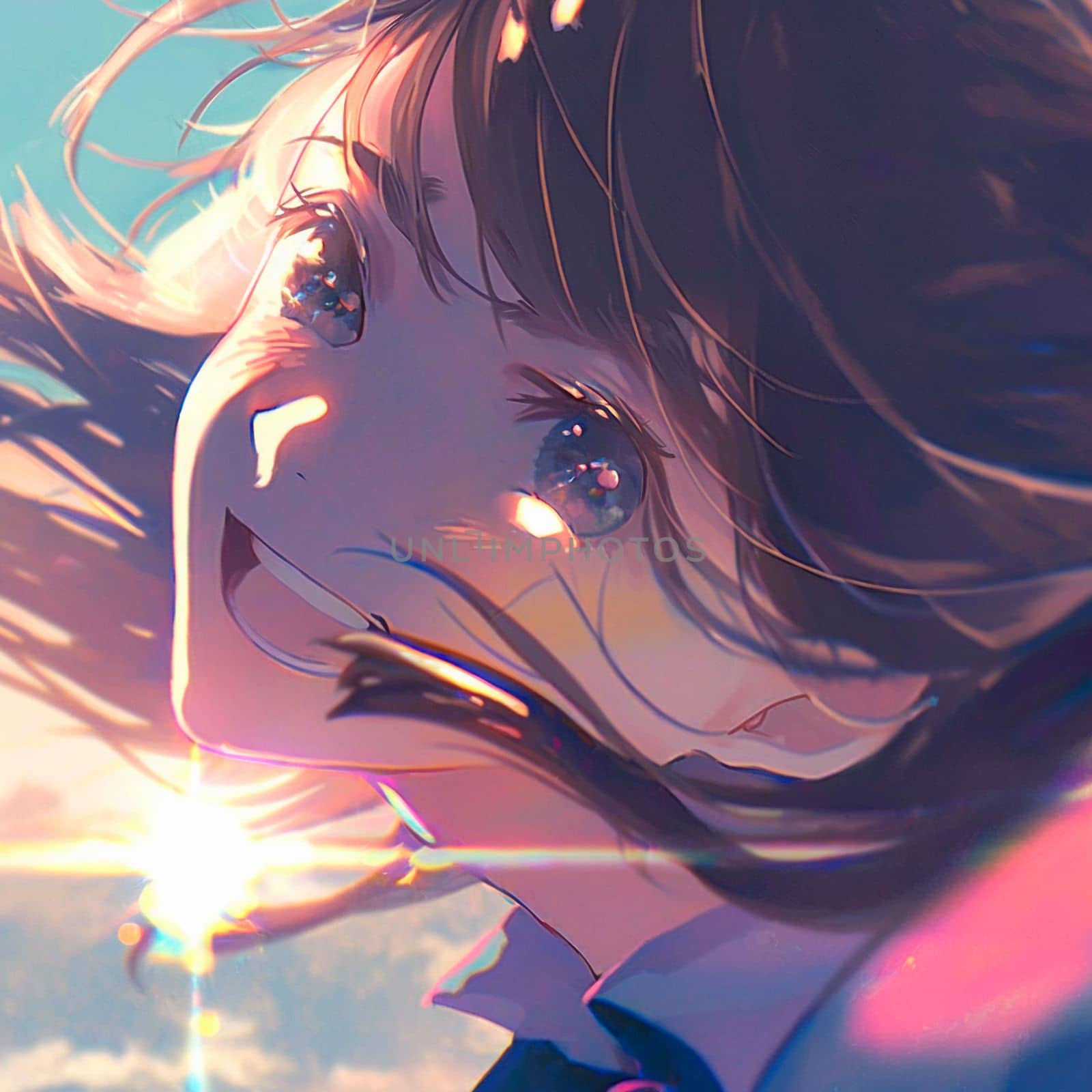 Happy girl in the rays of the sun in anime style. High quality illustration
