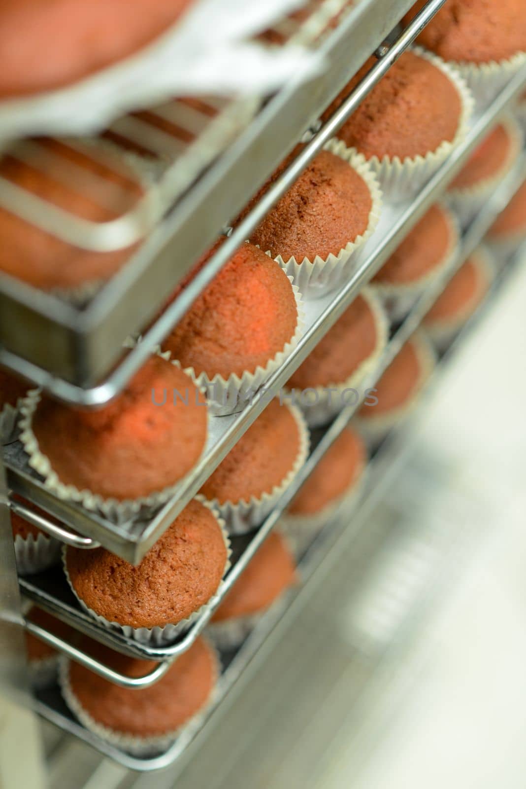bakied group of undecorated red velvet cupcakes in bakery in a trolley by verbano