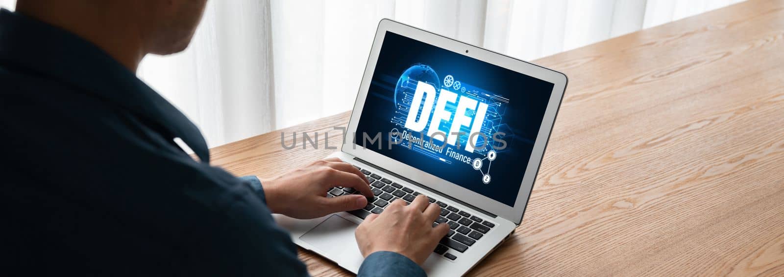 Decentralized finance or DeFi concept on modish computer screen . The defi system give new choice of investment and money saving .