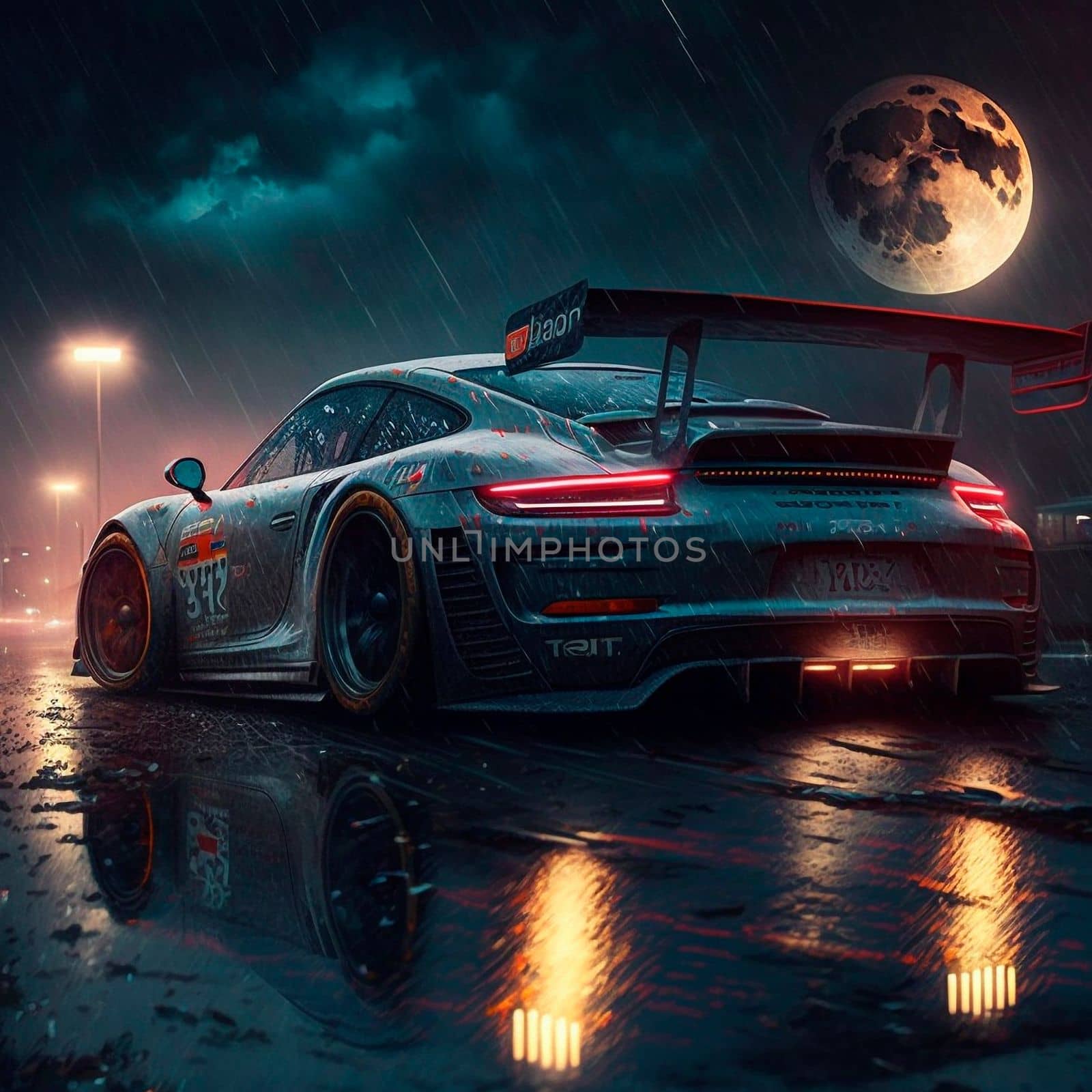 Glowing racing car cuts through the night city in the rain. High quality illustration