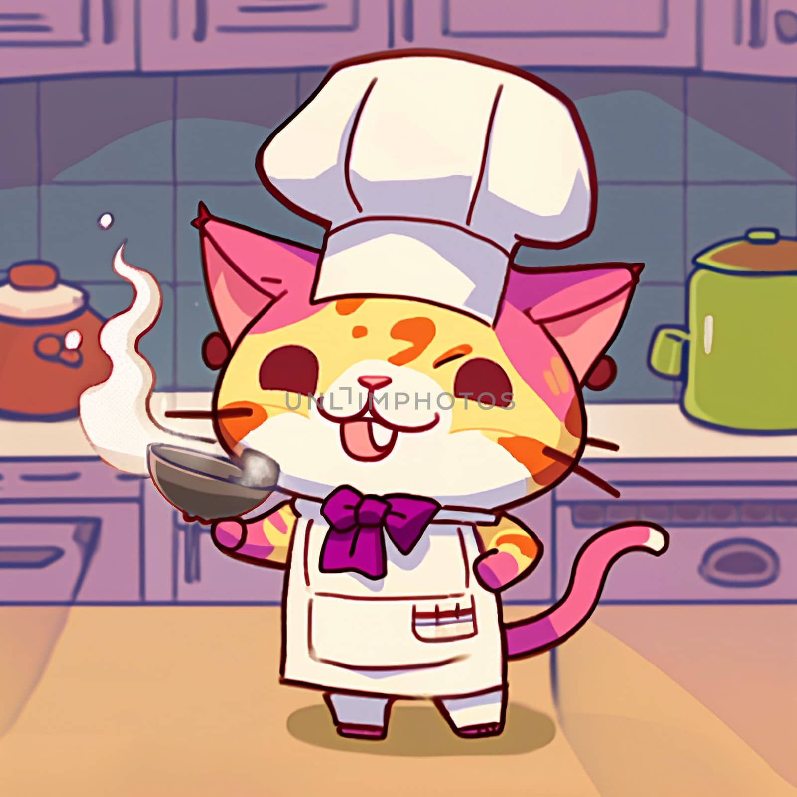 Cartoon image of a cook's cat in a chef's hat, who cooks something in the kitchen, cartoon. High quality illustration