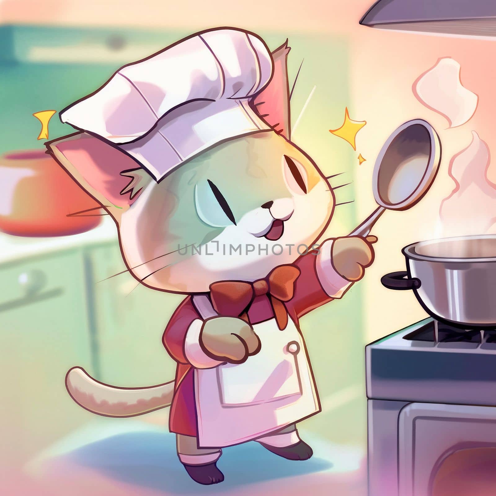 Cartoon image of a cook's cat in a chef's hat, who cooks something in the kitchen, cartoon. High quality illustration