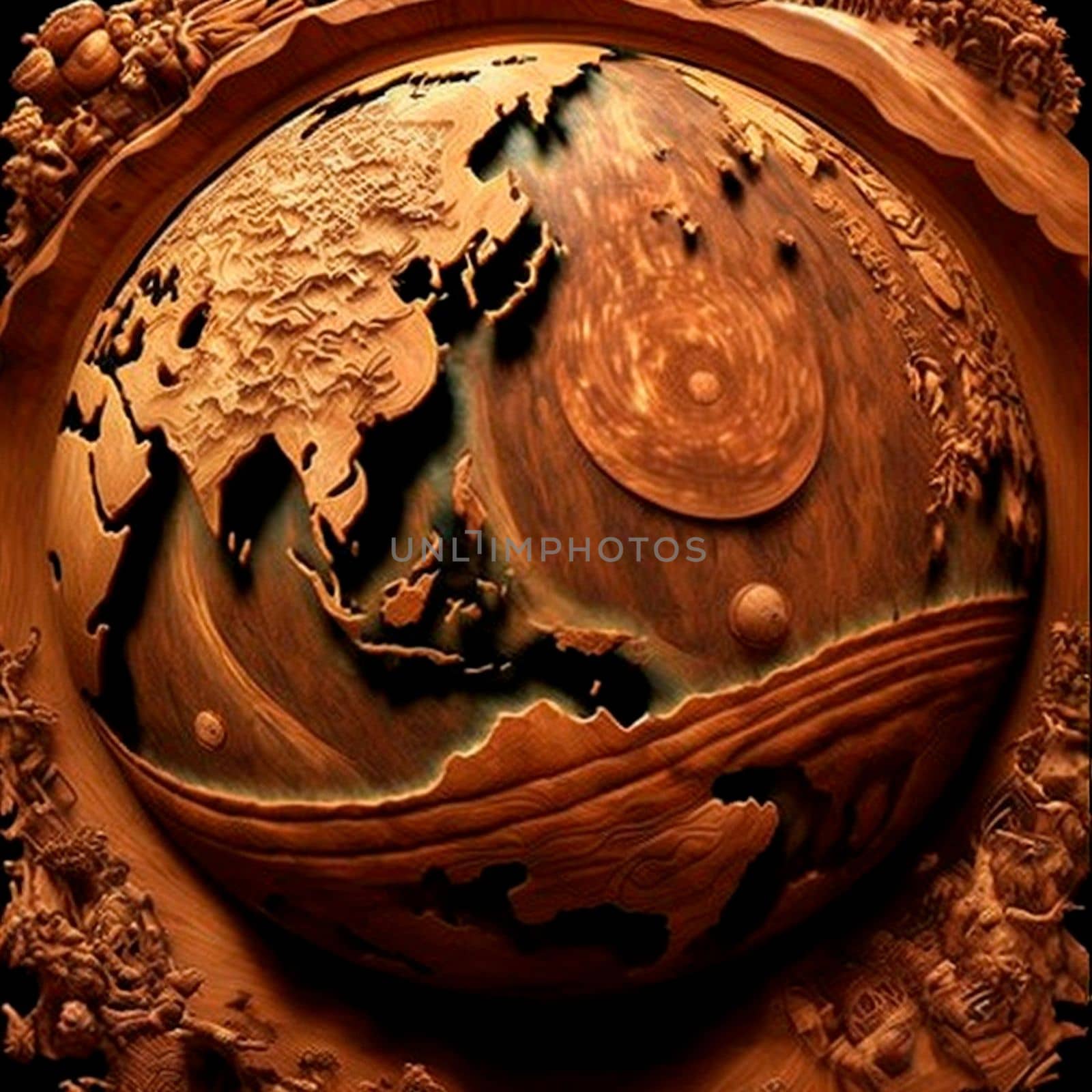 Planet Earth with reservoirs and continents carved out of wood. High quality illustration