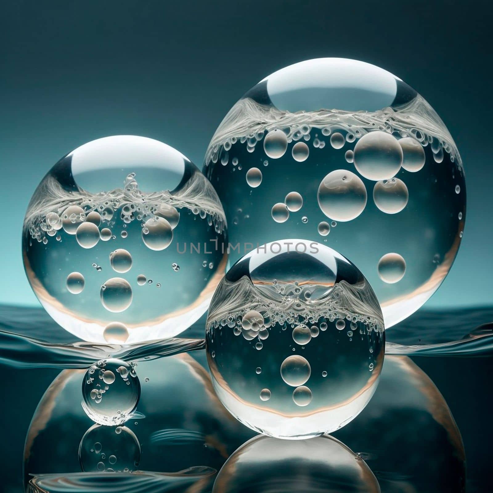 Transparent water spheres against a stunning backdrop of mountains and water. Reflection of the landscape and elements inside the spheres by NeuroSky