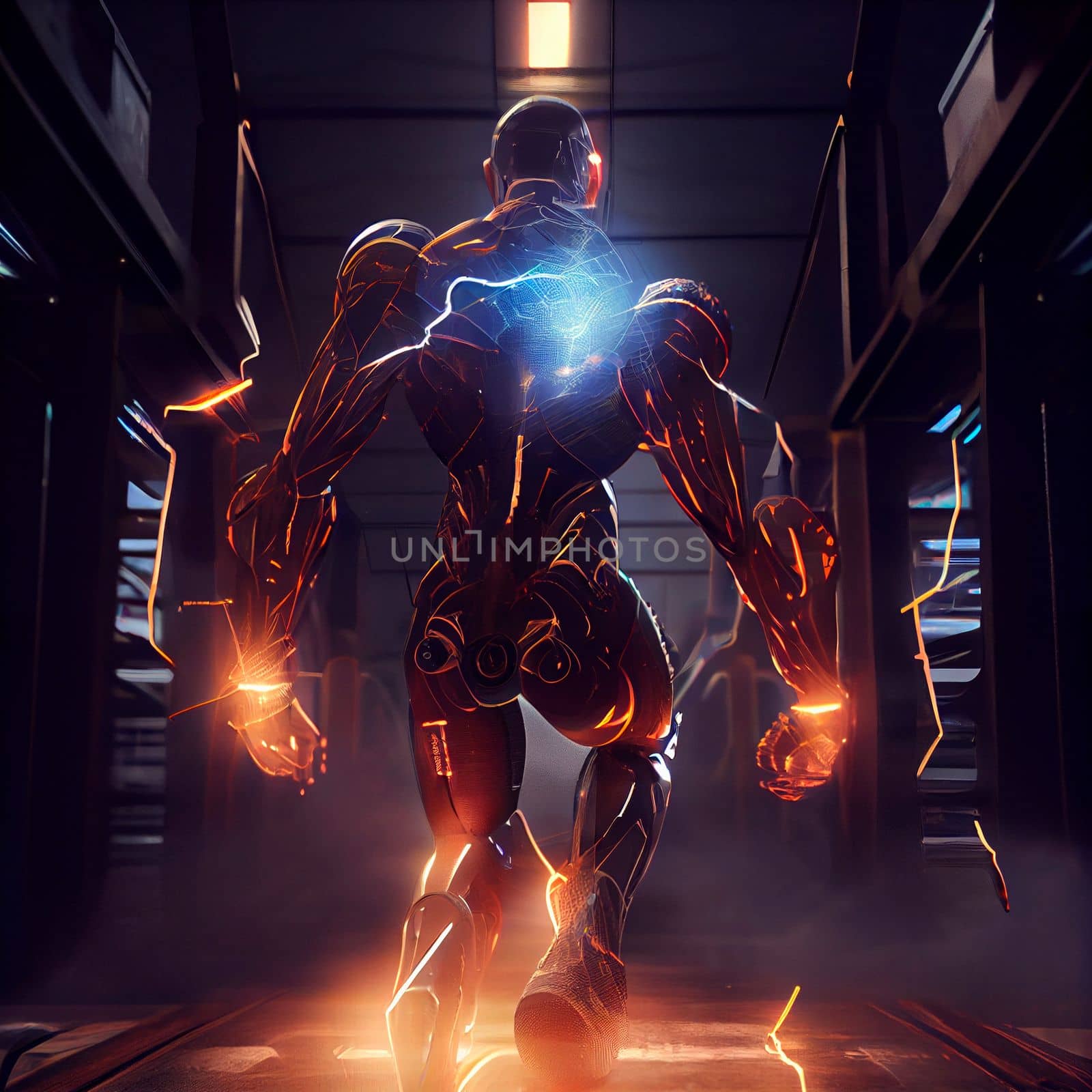 Modernized cyborg. Man in a robotic exoskeleton. New weapon. High quality illustration
