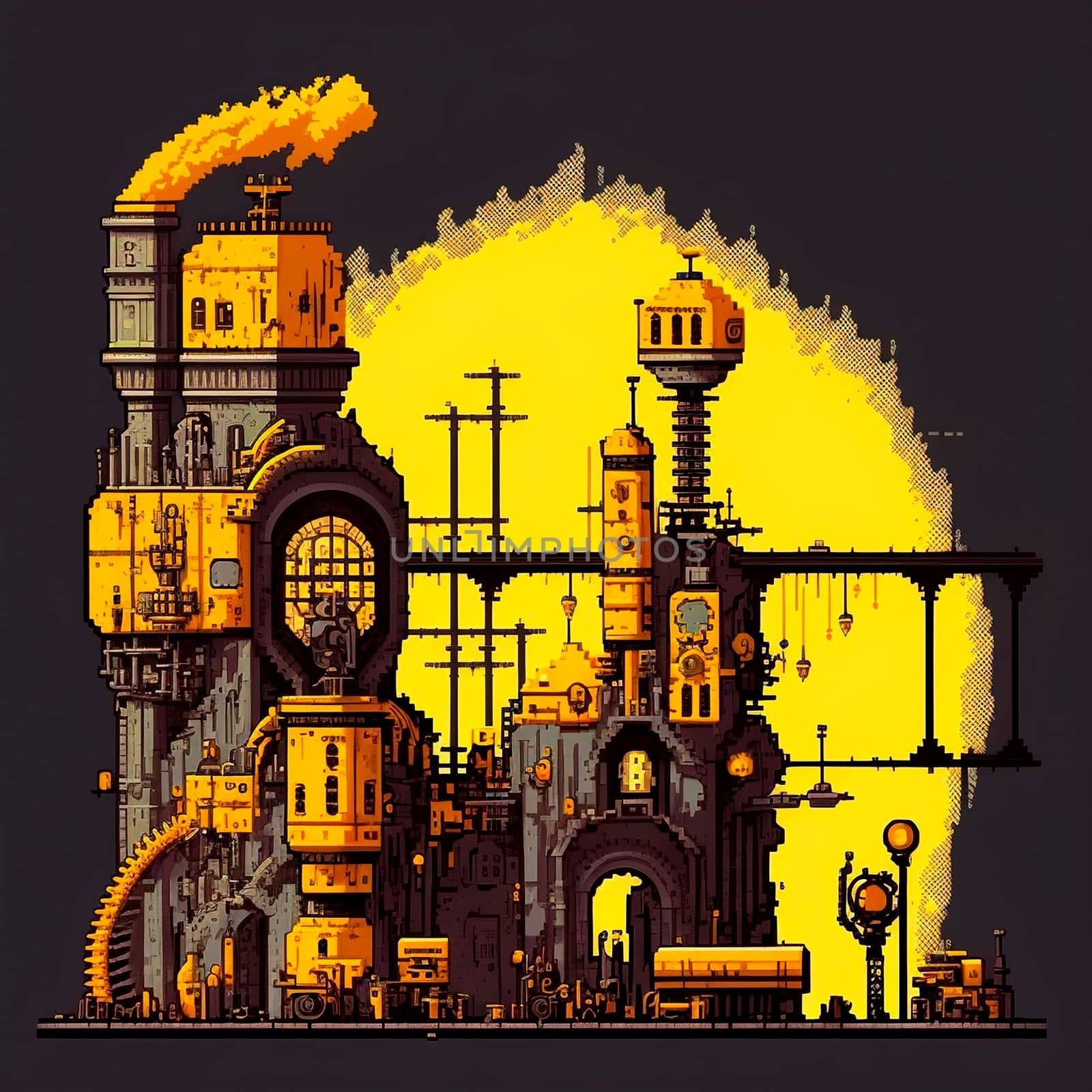 2D Factory in pixel art style. High quality photo