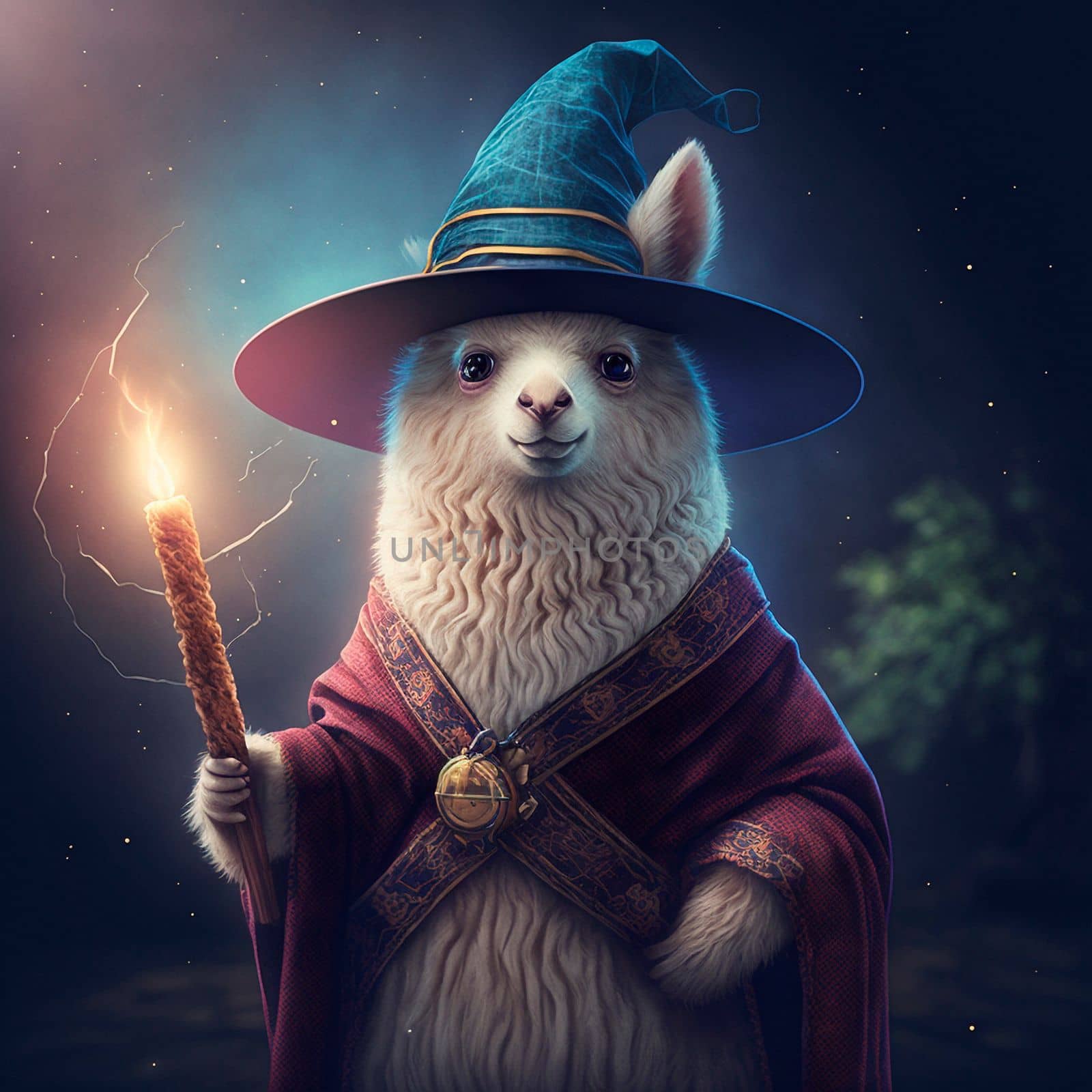 Alpaca wizard , magician with a wand. High quality illustration