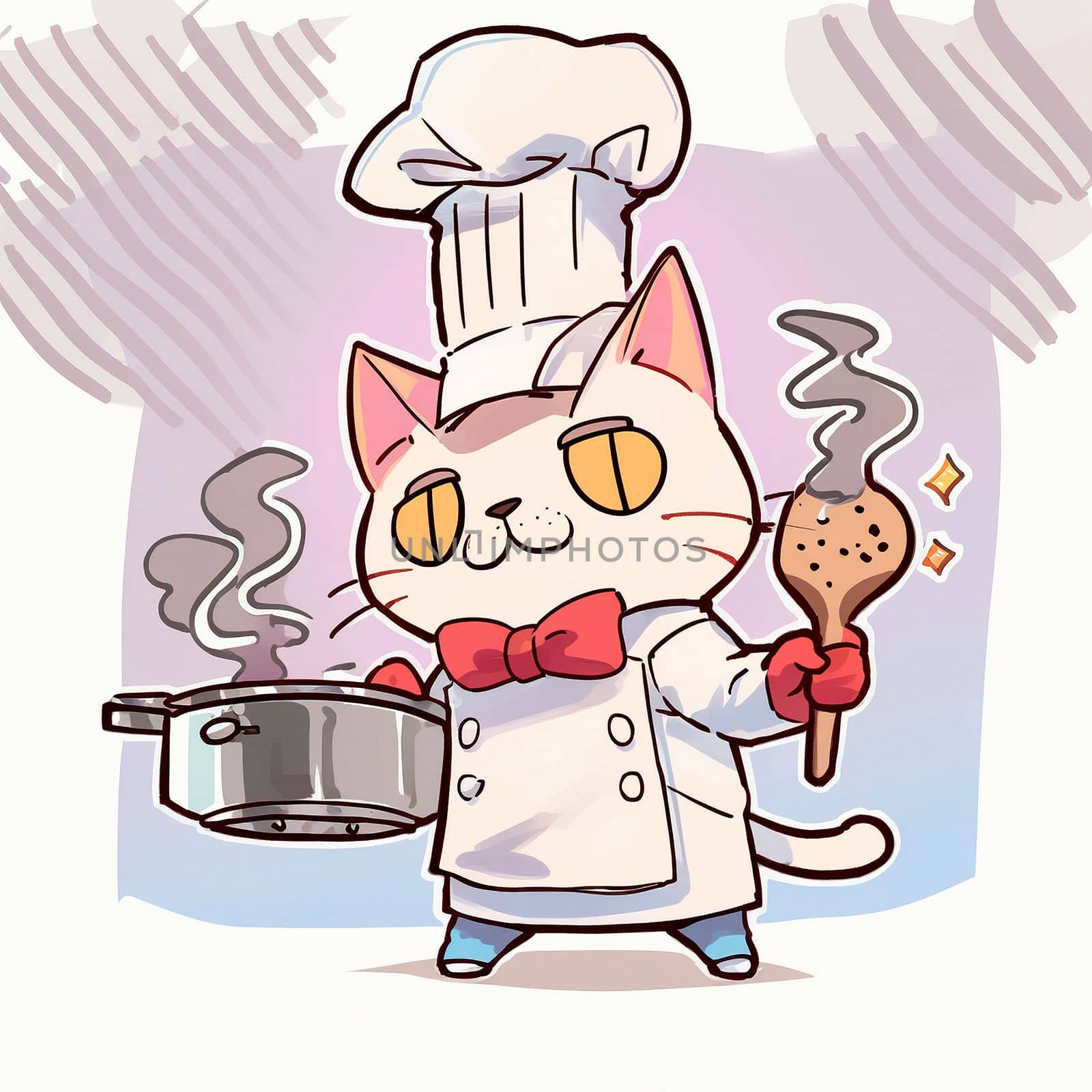 Cartoon image of a cook's cat in a chef's hat, who cooks something in the kitchen, cartoon. High quality illustration