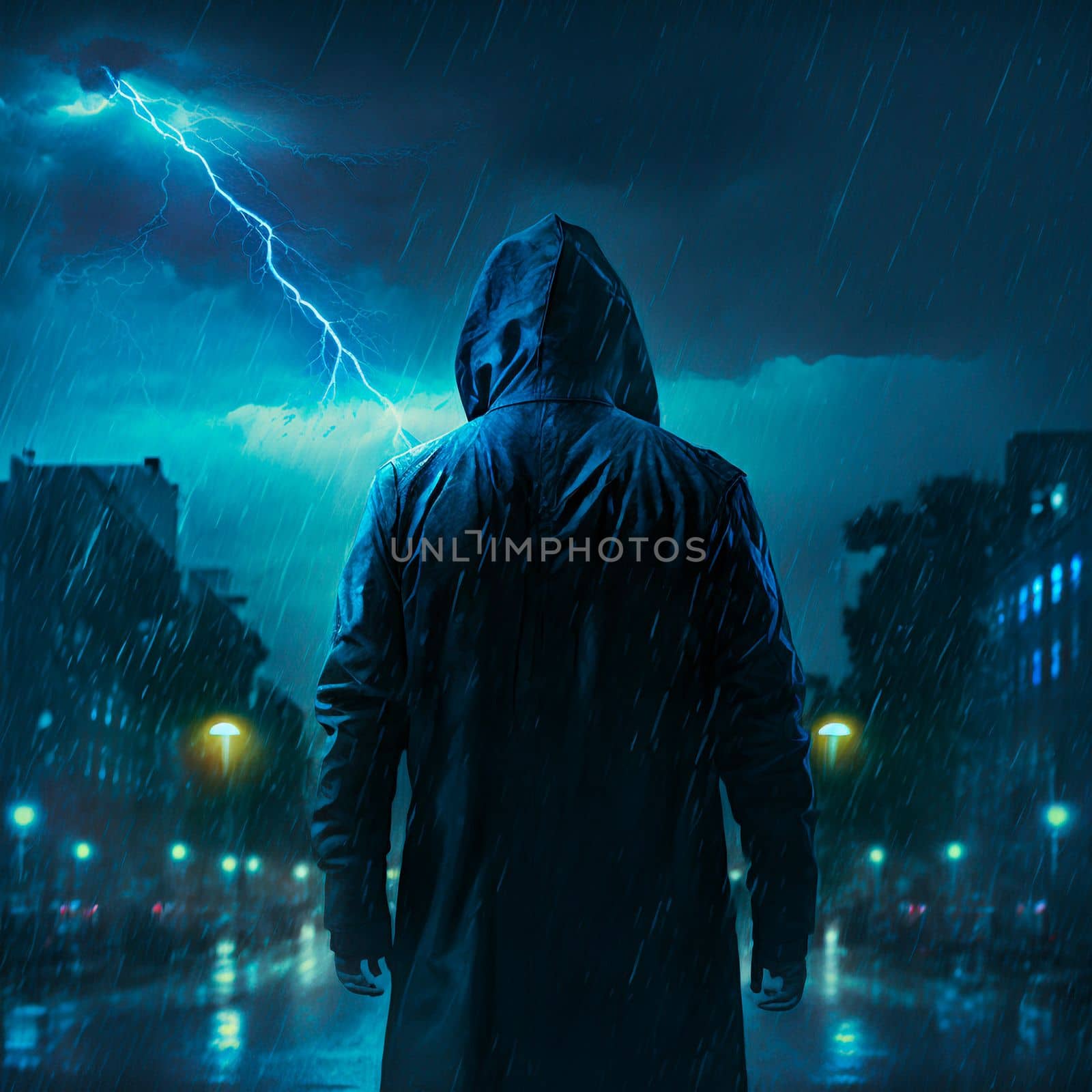 Mysterious man in a black raincoat on the background of thunder. High quality photo