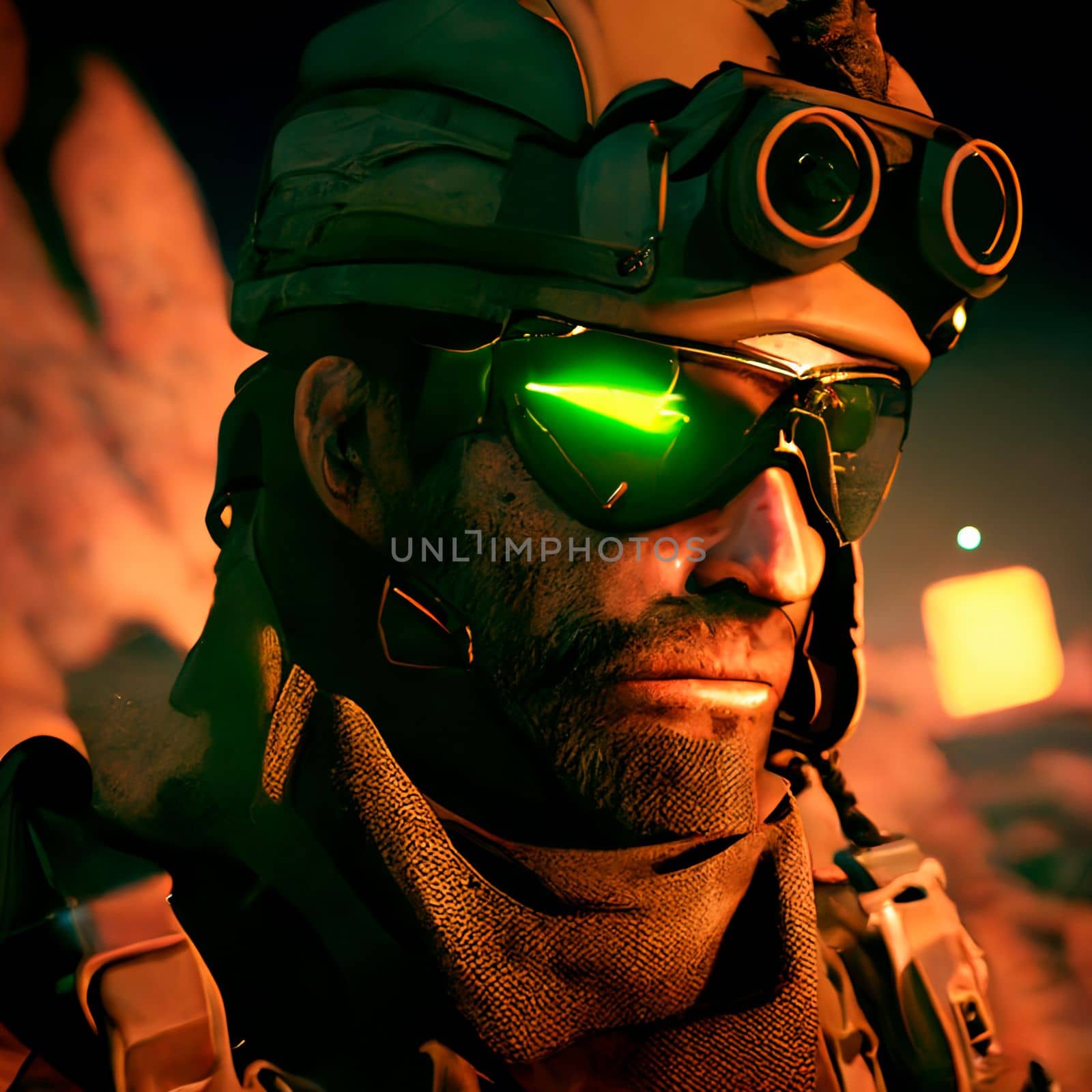 soldier in a helmet and combat goggles during an operation in the desert. High quality illustration