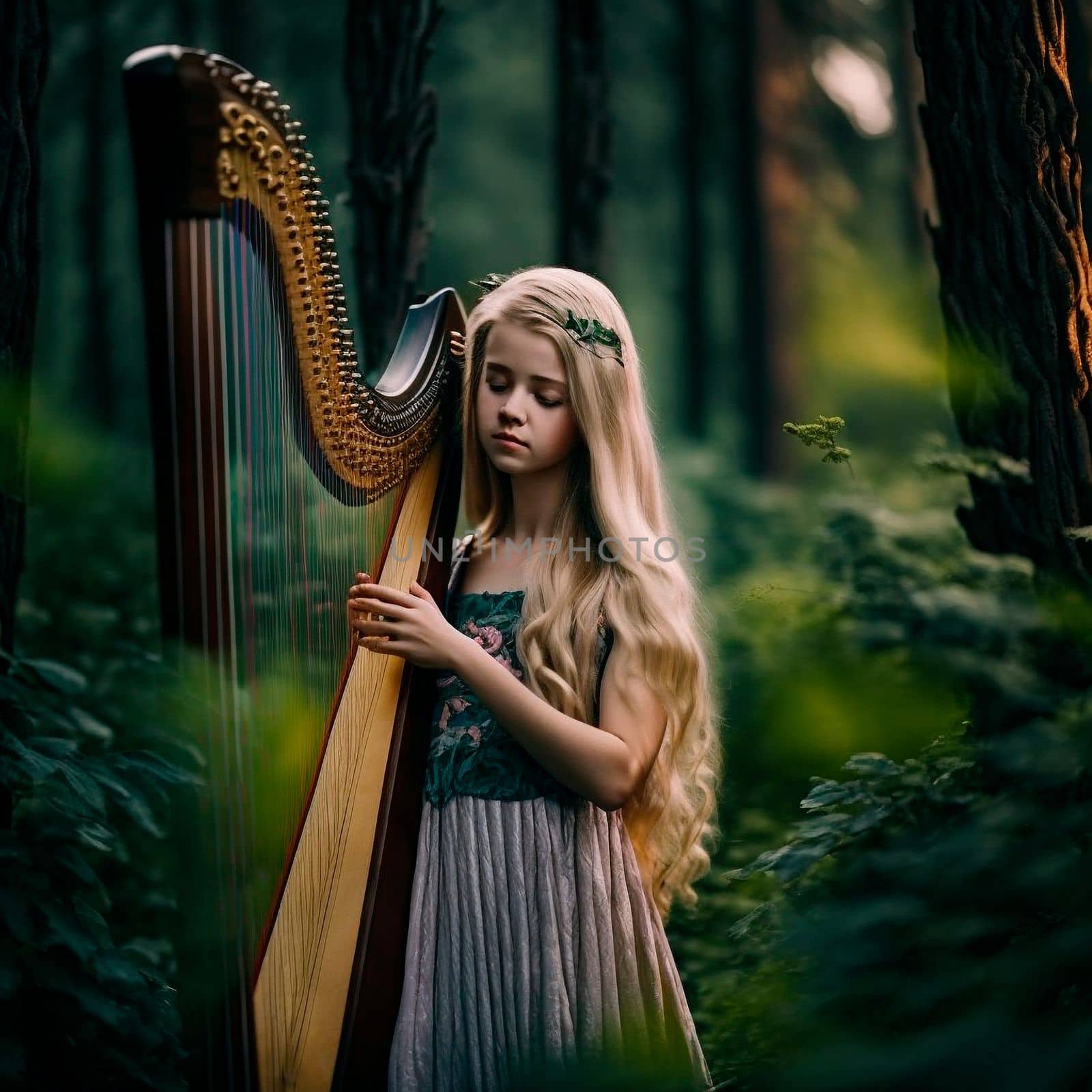 A girl plays a harp in a fairy forest by NeuroSky