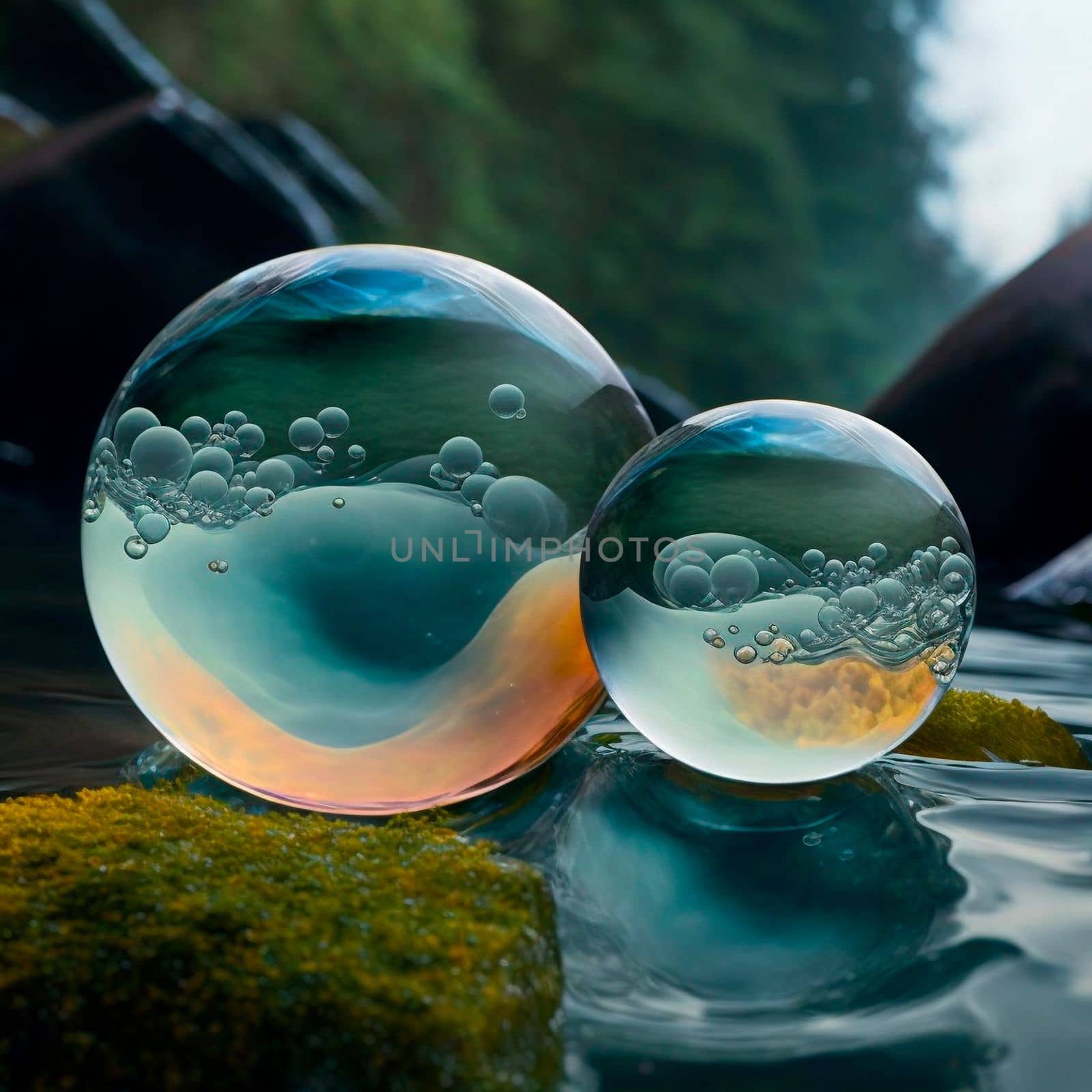 Transparent water spheres against a stunning backdrop of mountains and water. Reflection of the landscape and elements inside the spheres. High quality illustration