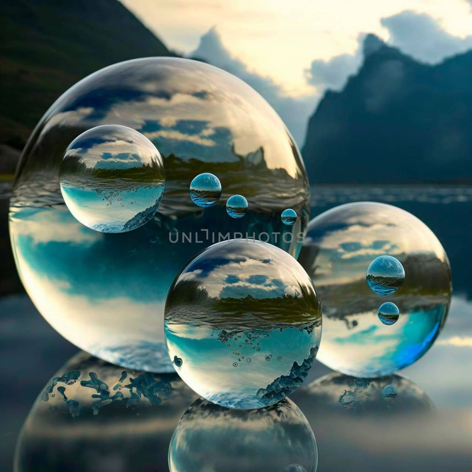 Transparent water spheres against a stunning backdrop of mountains and water. Reflection of the landscape and elements inside the spheres. High quality illustration