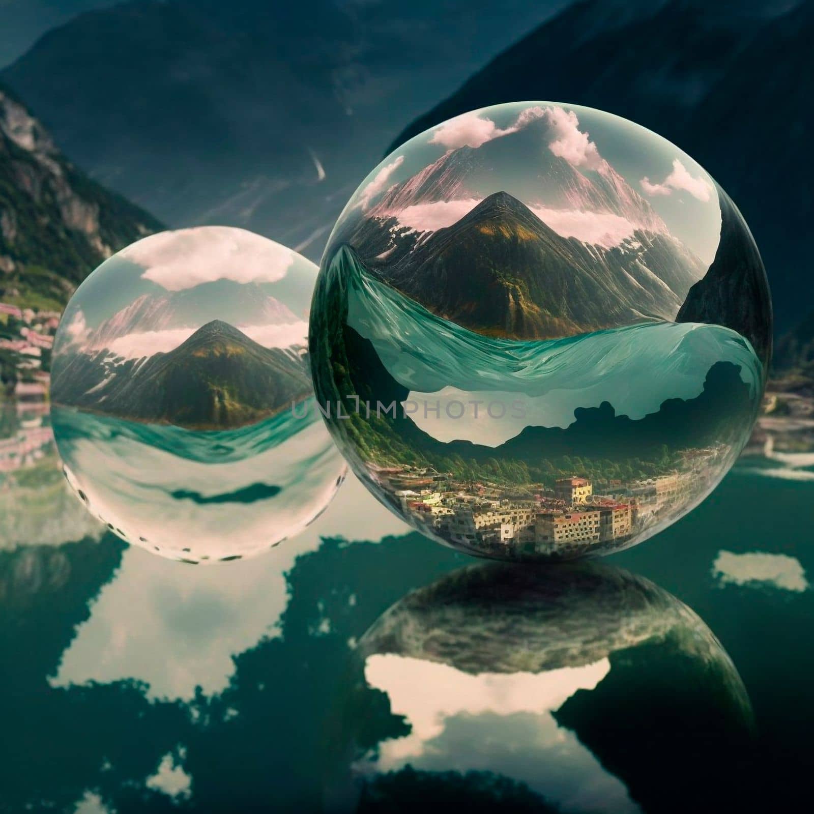 Transparent water spheres against a stunning backdrop of mountains and water. Reflection of the landscape and elements inside the spheres. High quality illustration