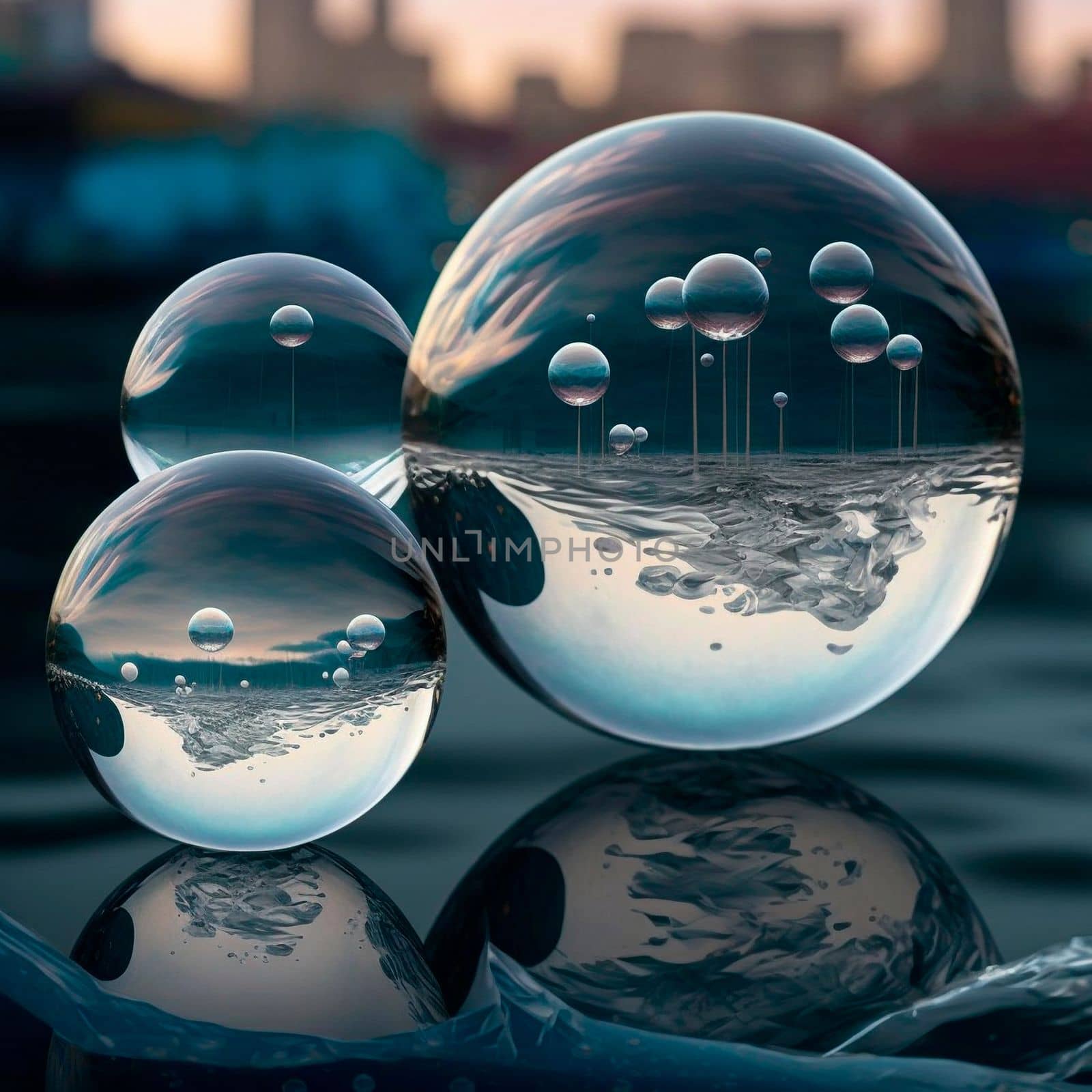 Transparent water spheres against a stunning backdrop of mountains and water. Reflection of the landscape and elements inside the spheres. High quality illustration