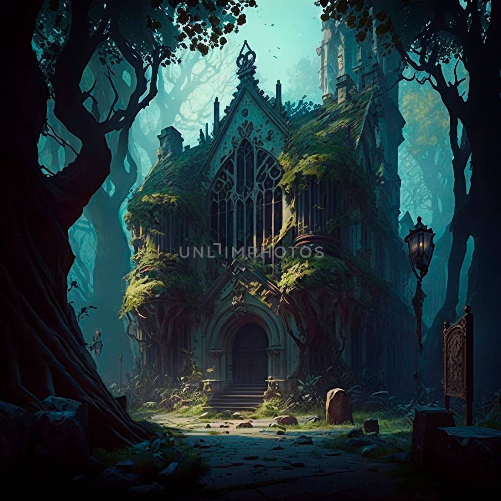 mysterious ruins in the forest. High quality illustration