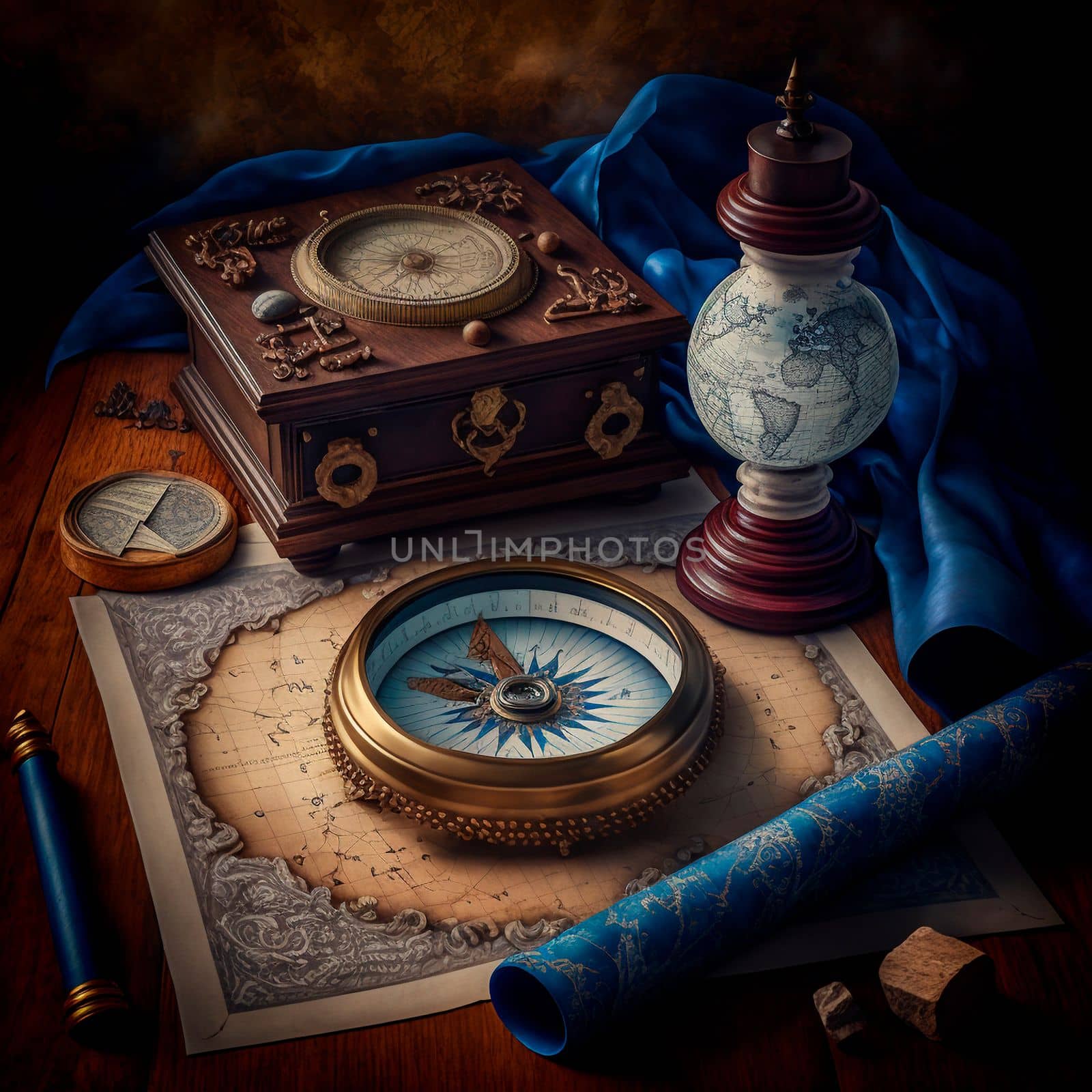 travel map and compass on the table, pirate map by NeuroSky