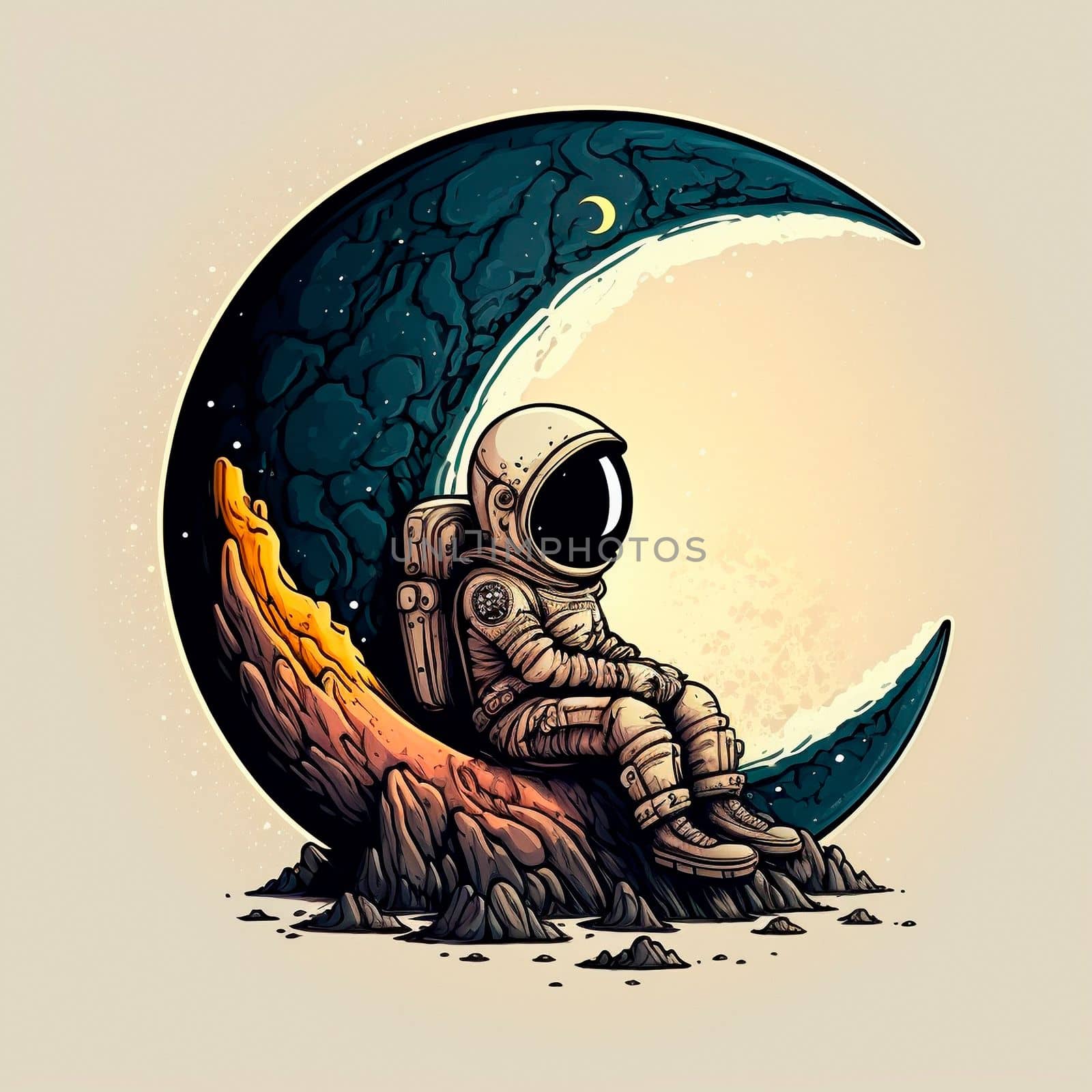 Cartoon image of an astronaut sitting on a moon. High quality illustration