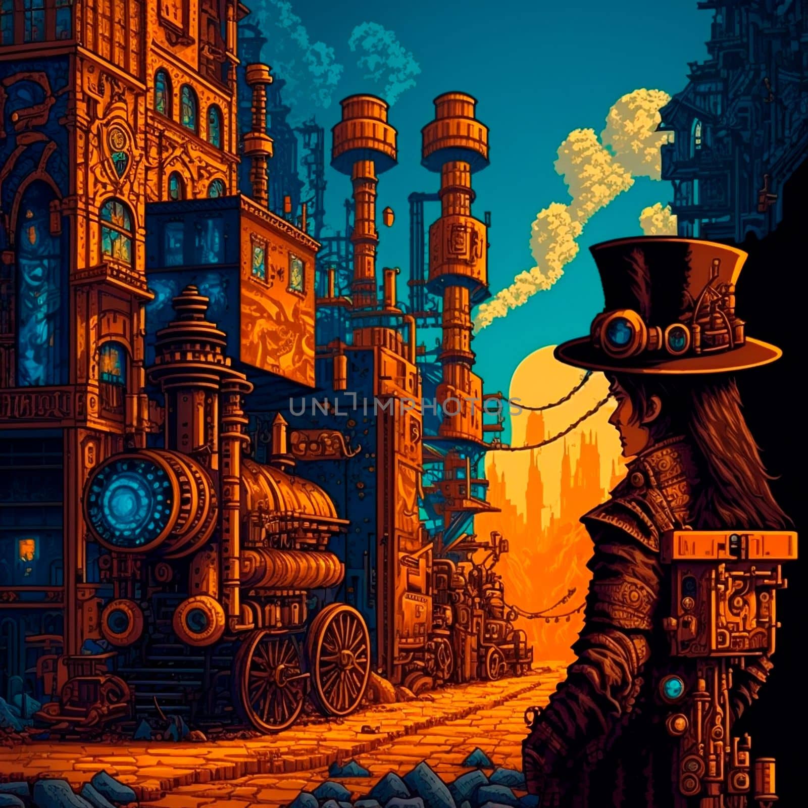 Cartoon image of a steampunk city stylized as pixelart. High quality illustration