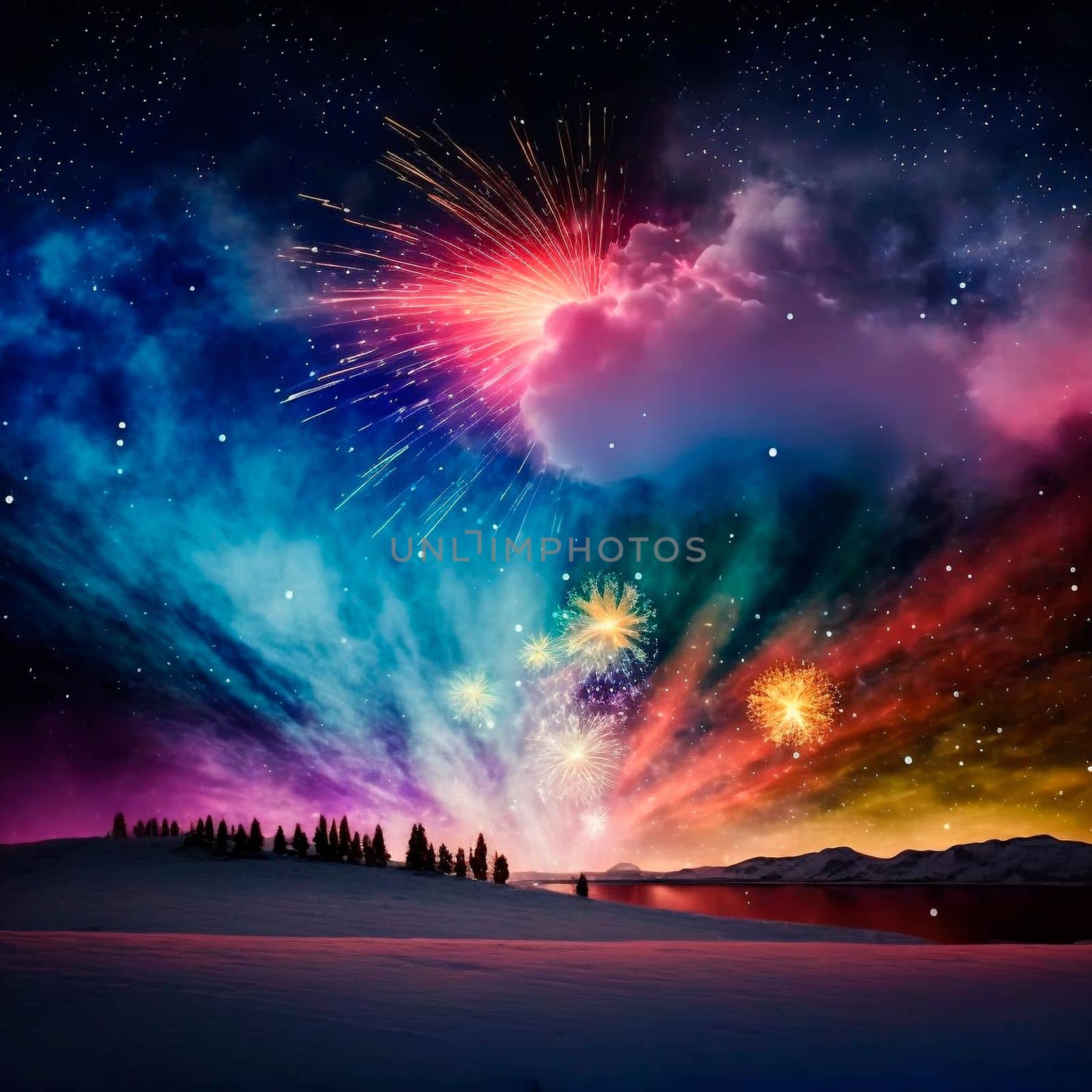 Bright night sky with fireworks. High quality illustration