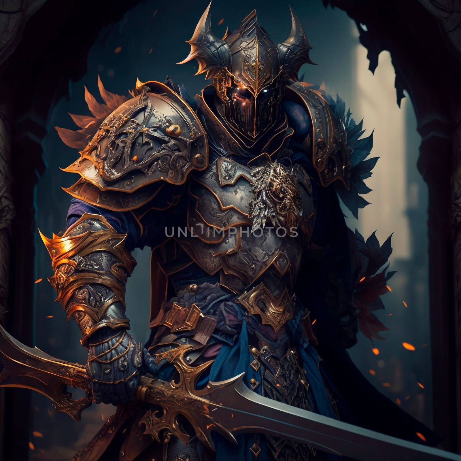 A stern knight in heavy armor in the style of fantasy. High quality illustration