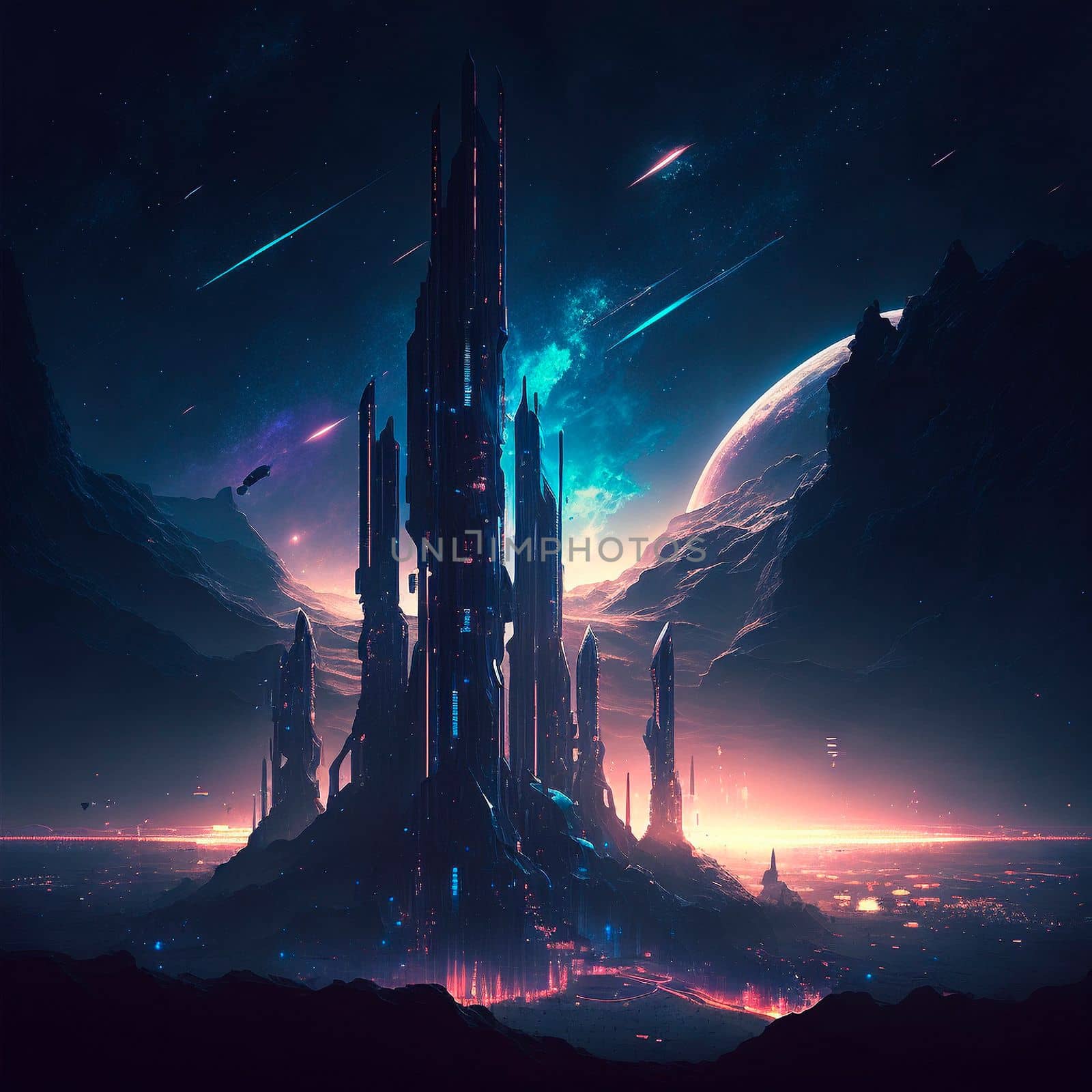 Futuristic city of the future on a distant planet . High quality illustration