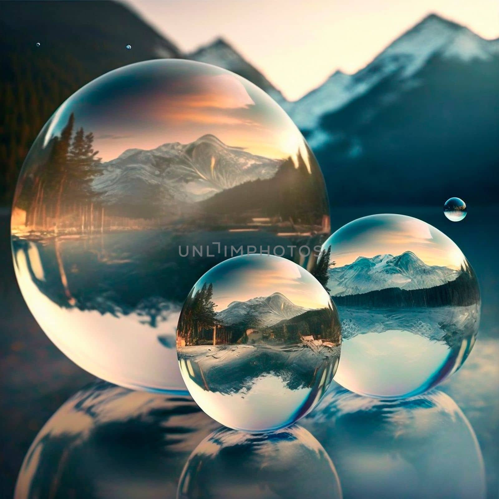 Transparent water spheres against a stunning backdrop of mountains and water. Reflection of the landscape and elements inside the spheres. High quality illustration