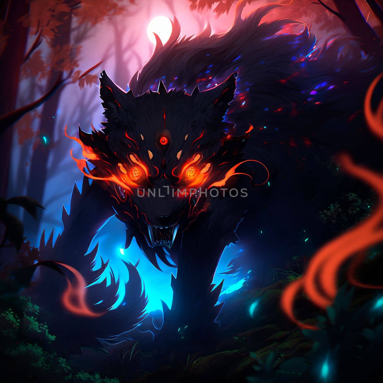 A big monster with red eyes in a mystical forest by NeuroSky