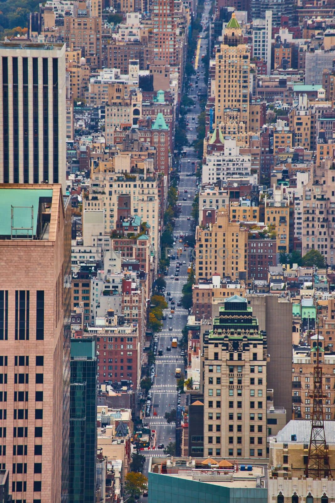 Image of Looking down long New York City street from above lined with small skyscrapers in soft light