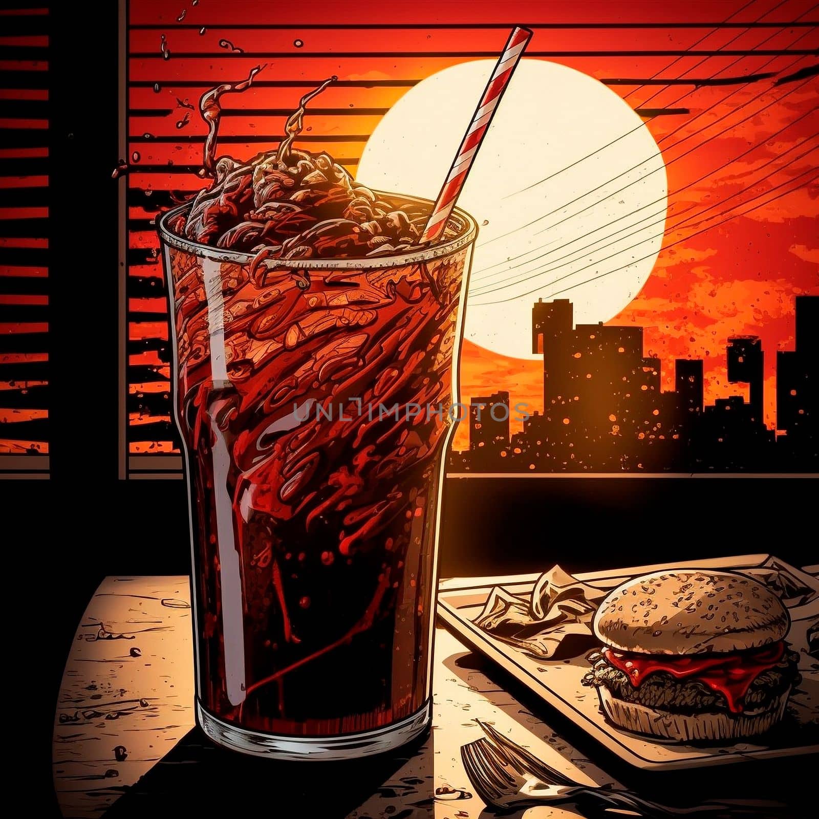 An image of a glass of cola on the table in an old diner. Comic style by NeuroSky