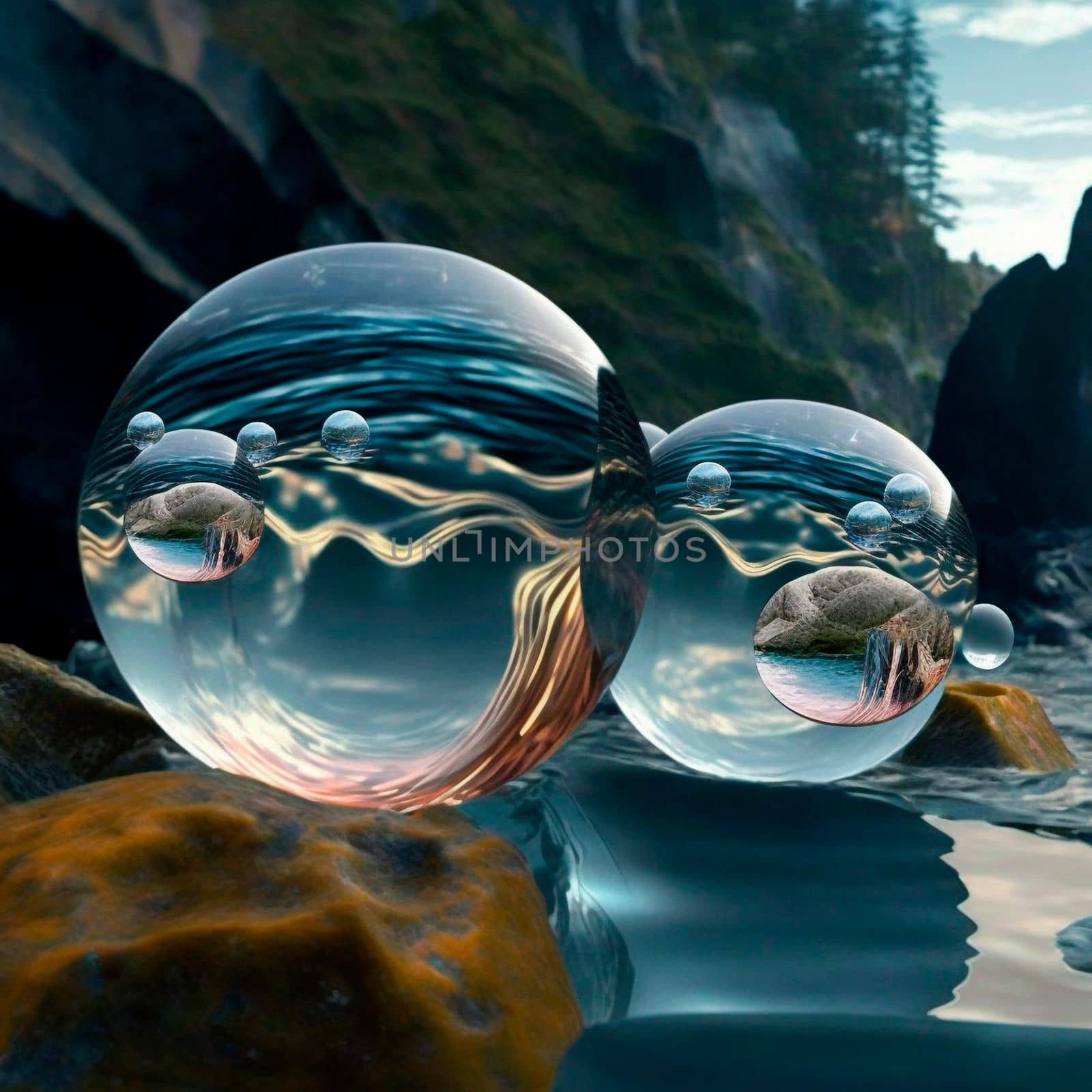 Transparent water spheres against a stunning backdrop of mountains and water. Reflection of the landscape and elements inside the spheres. High quality illustration