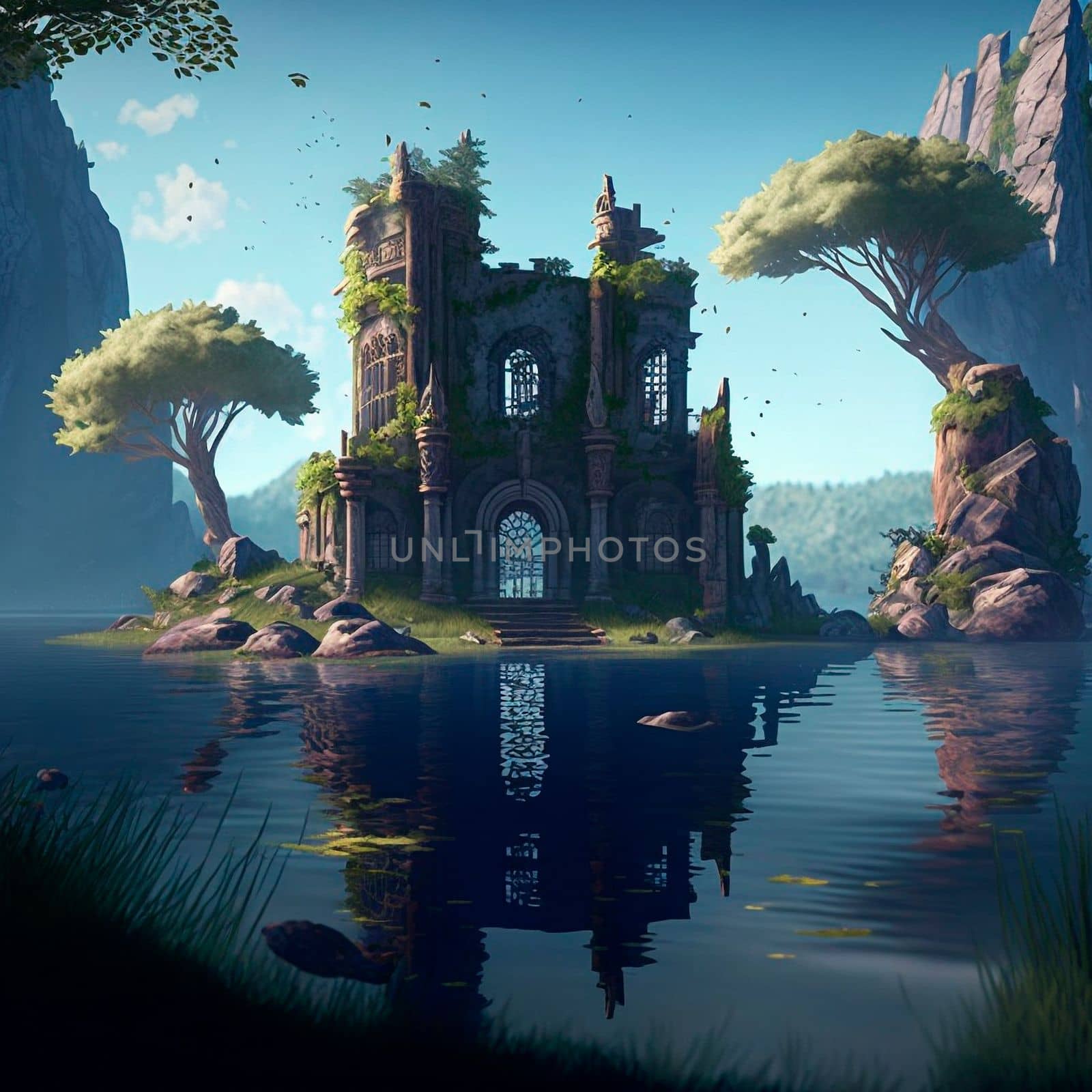 Mystical mysterious ruins on the lake islands. High quality illustration