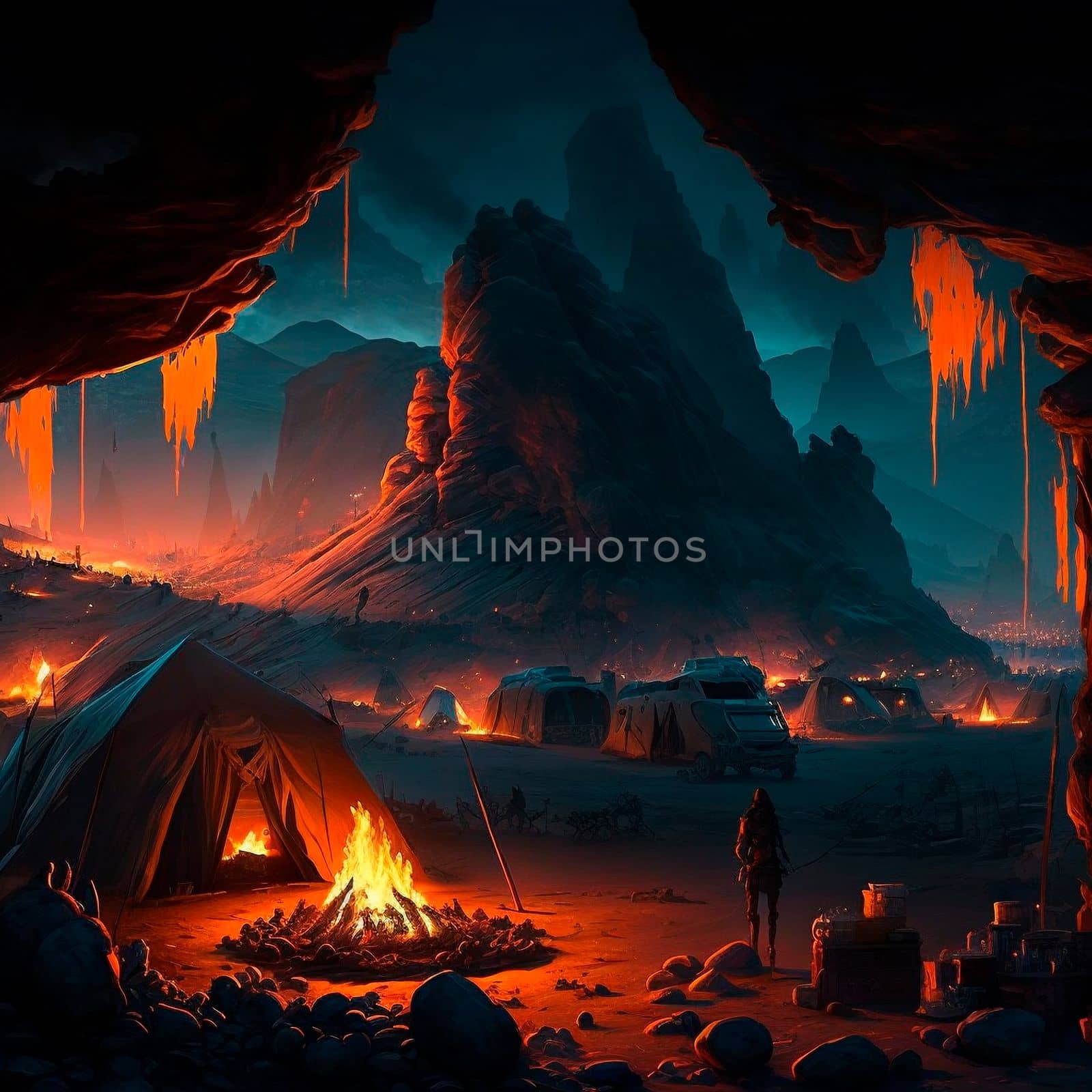 Tent city in the mountains near the volcano. Bonfire in the mountains. Lava world collection. High quality illustration
