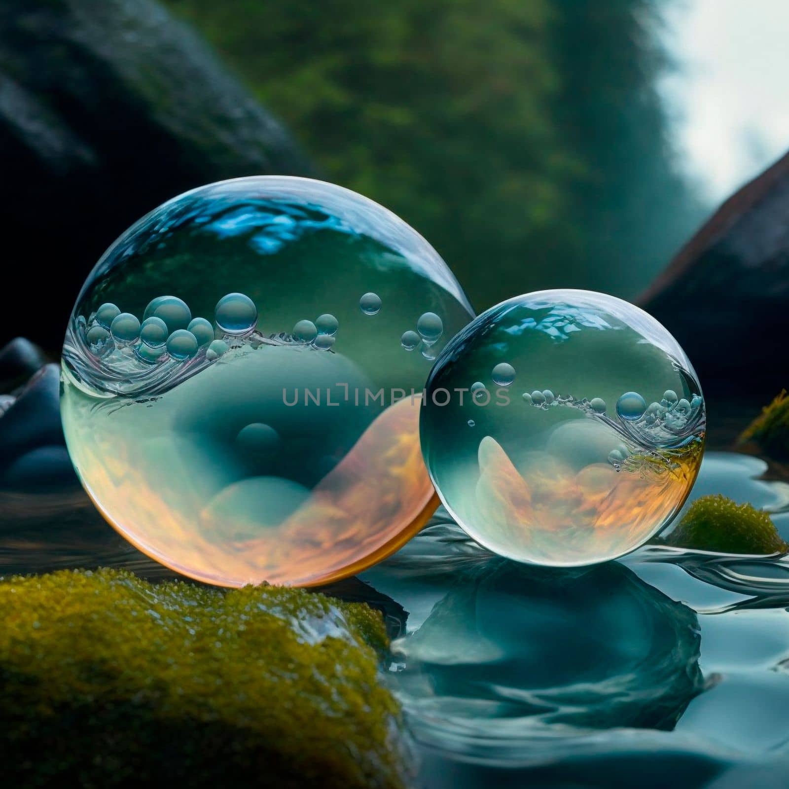 Transparent water spheres against a stunning backdrop of mountains and water. Reflection of the landscape and elements inside the spheres. High quality illustration