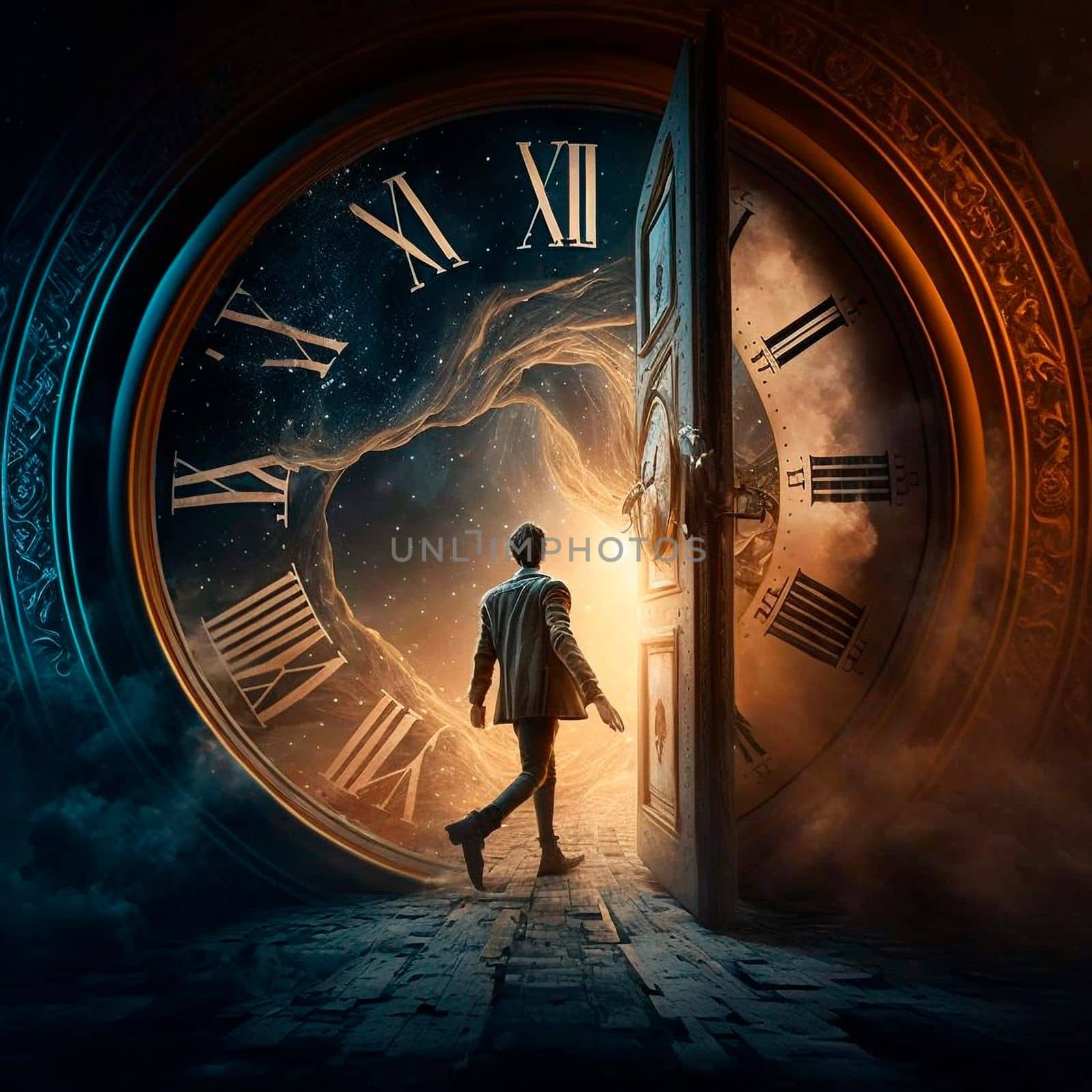 Time travel. Jump into the time portal in hours. High quality illustration