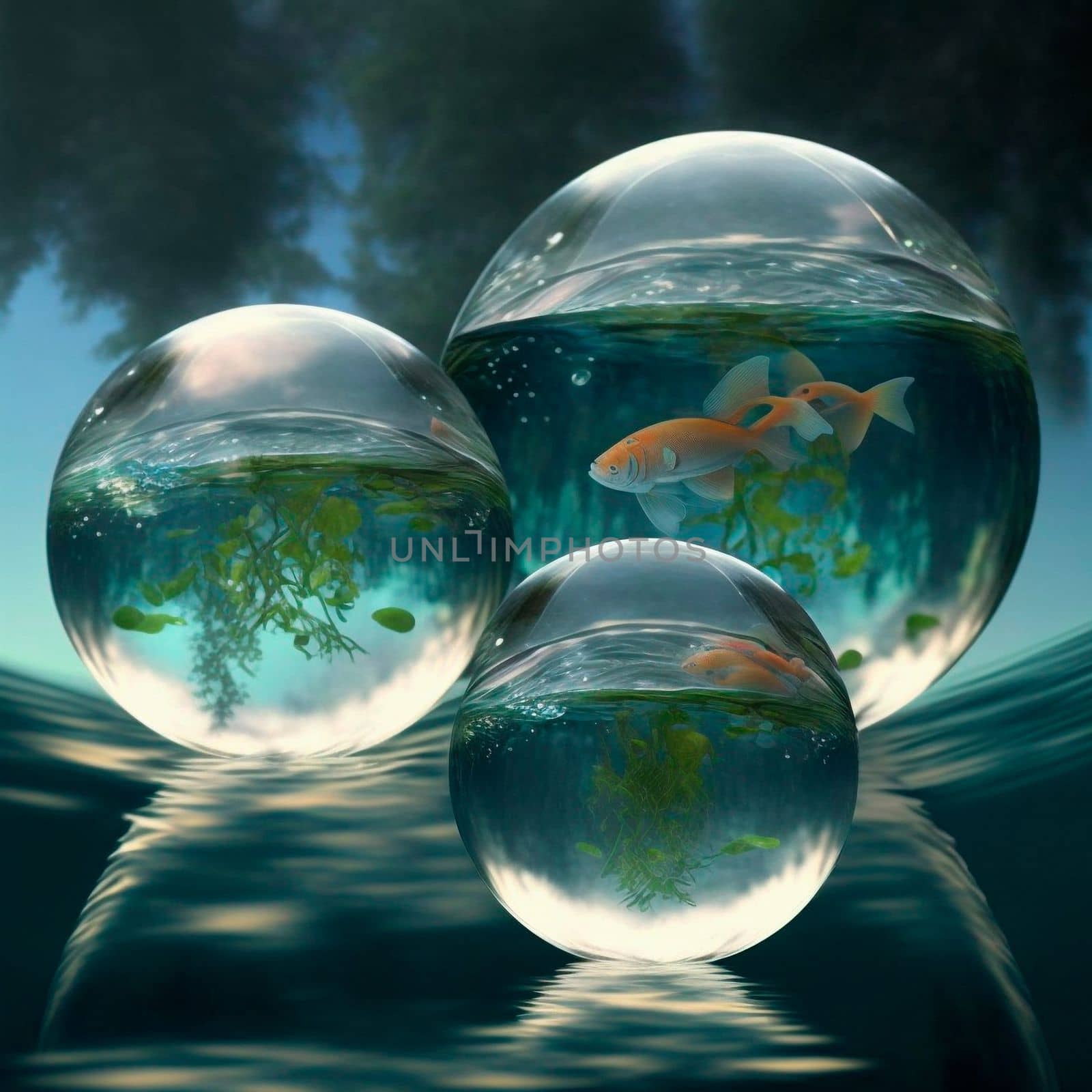 Transparent water spheres against a stunning backdrop of mountains and water. Reflection of the landscape and elements inside the spheres. High quality illustration