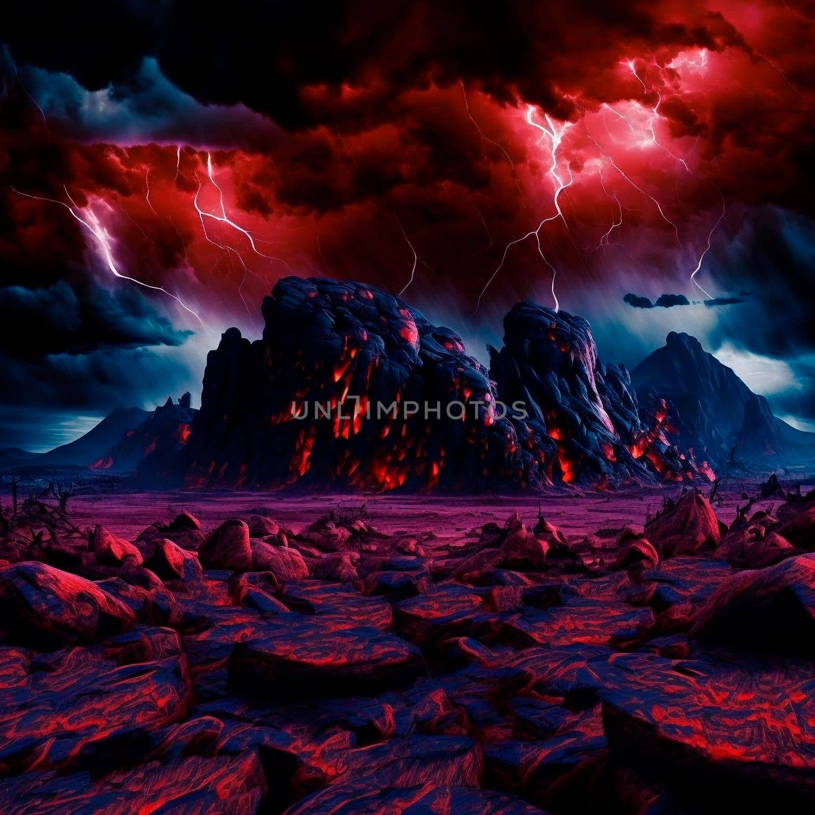 Red mountains, flashes and cracks on the surface. Gloomy sky. Magma and lava spread over the mountains. Lava world collection. High quality illustration