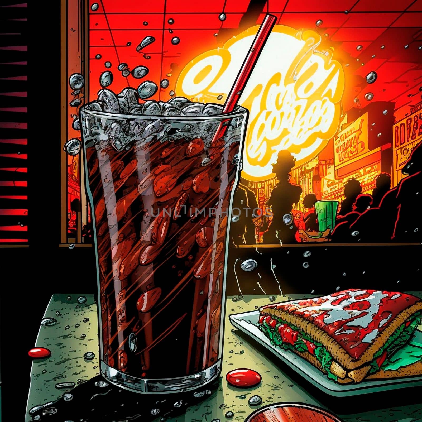 An image of a glass of cola on the table in an old diner. Comic style. High quality illustration
