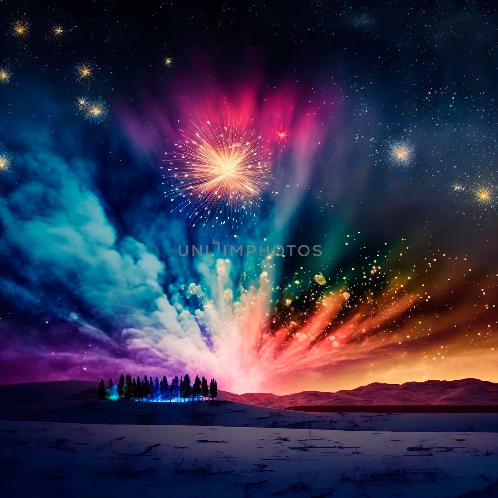 Bright night sky with fireworks. High quality illustration