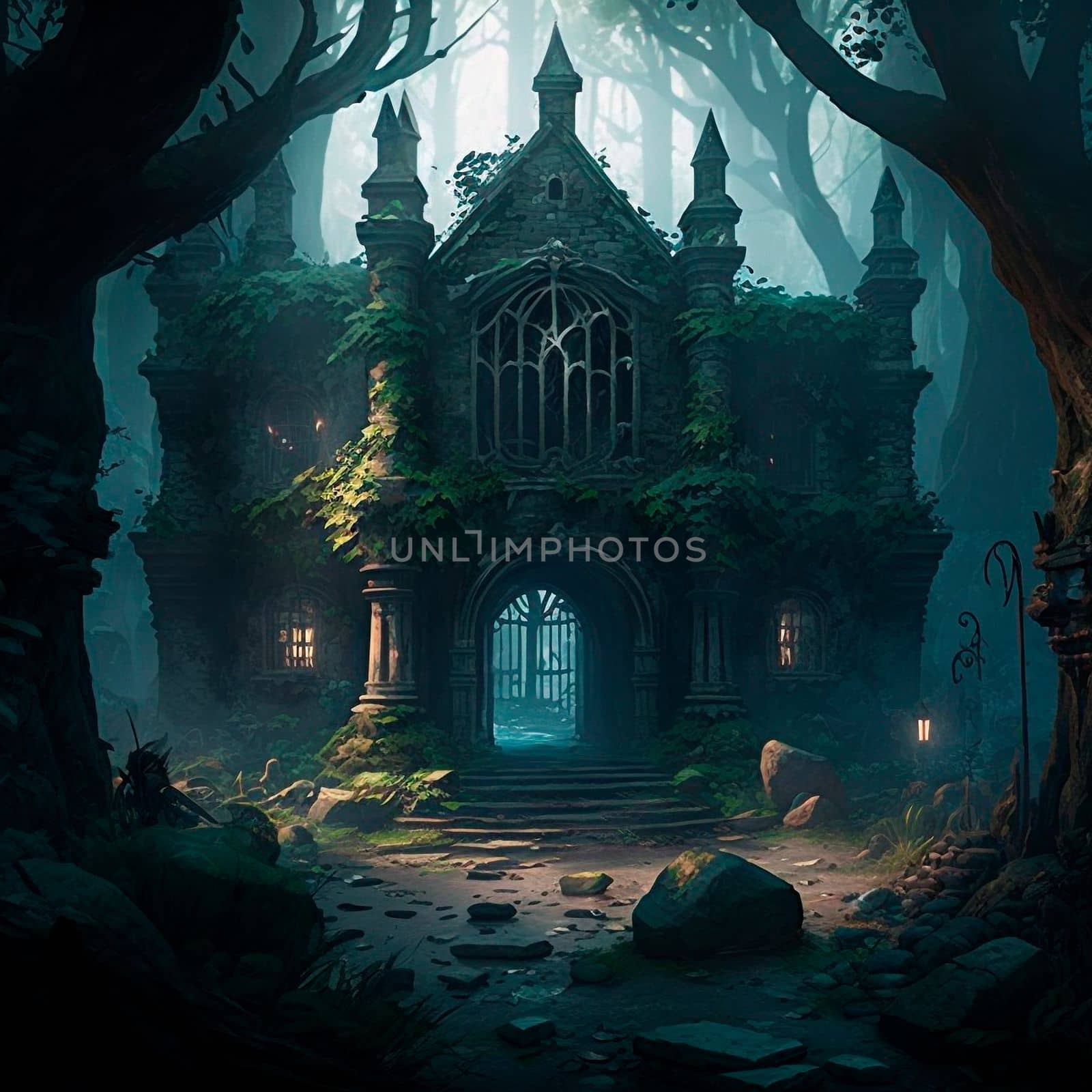 mysterious ruins in the forest. High quality illustration